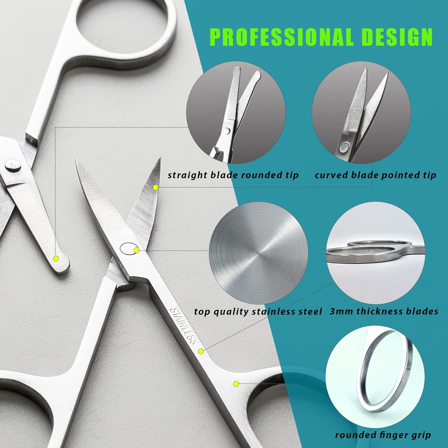 Facial Hair Small Grooming Scissors For Men Women - Eyebrow, Nose Hair, Mustache, Beard, Eyelashes, Ear Trimming Kit - Curved and Rounded Safety Tip Clippers For Hair Cutting - 2PCS Silver - Image 3