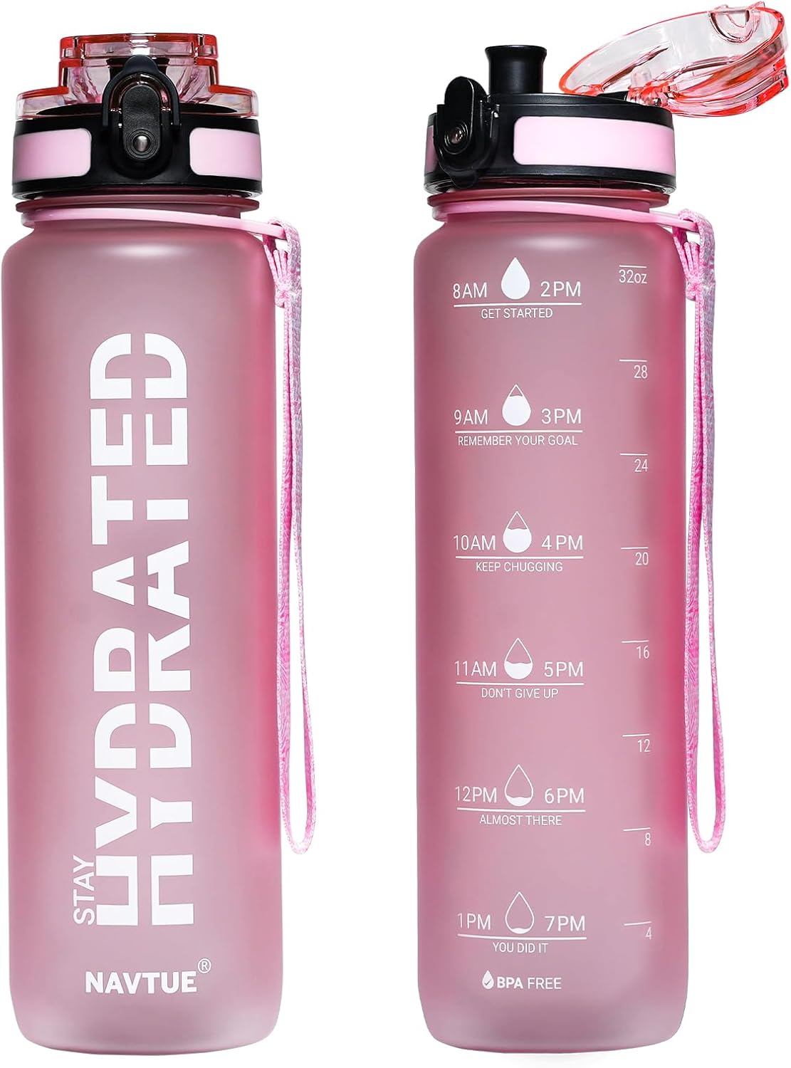 Water Bottle, 32oz Sports Water Bottles with Time Marker Wide Mouth, Motivational and Leakproof Drink Bottle, BPA Free Tritan with Carry Strap for Gym Fitness Outdoor (1 Bottle)