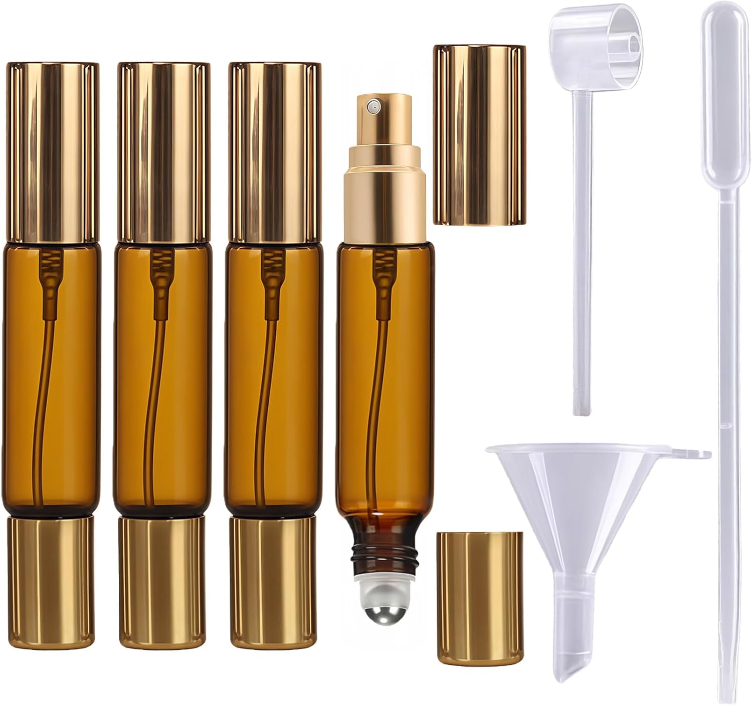 Double Ended Perfume Bottle With Roller Ball &Spray:4 PCS 10ml Amber Refillable Leakproof Travel Atomizer Facial Care with Funnel Tool for Perfume,Cologne,Essential Oils