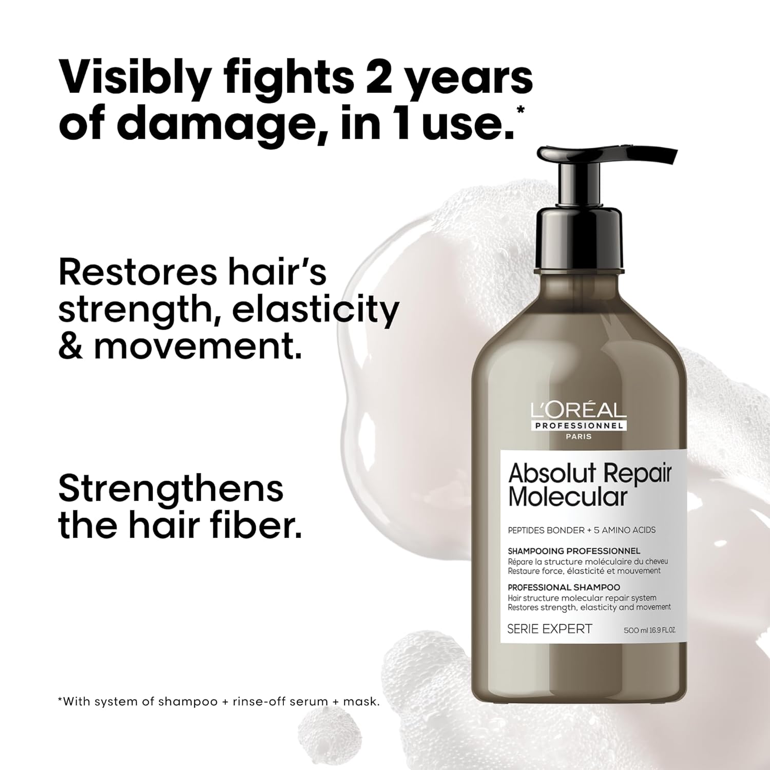 L'Oréal Professionnel Paris Absolut Repair Molecular Hair Care Set - Sulfate-Free Shampoo, Rinse-Off Serum & Leave-In Mask For Extremely Dry Damaged Hair, With Peptide Bonder & Amino Acids - Image 3