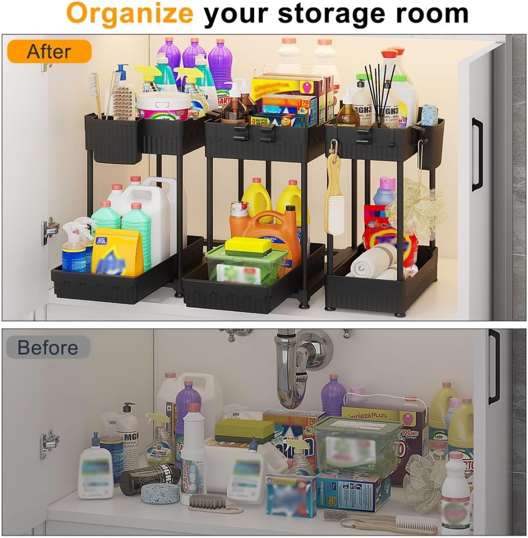 Sevenblue 3 Pack Under Sink Organizers,2-Tier Multi-Use Kitchen and Bathroom Organizers and Storage with Sliding Drawers,Bathroom Cabinet Organizer (Black,12.8 Inch) - Image 4