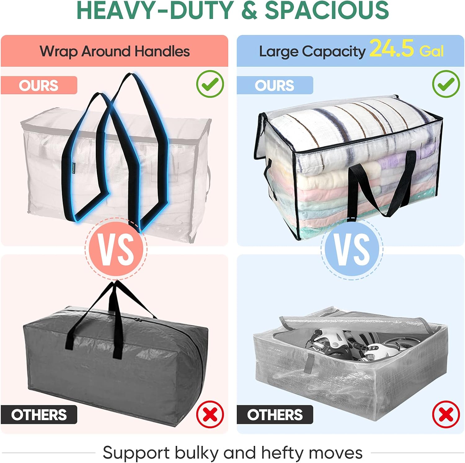 BALEINE 6-Pack Oversized Moving Bags with Reinforced Handles, Heavy-Duty Storage Tote for Clothes, Moving Supplies (Clear, 6-Pack) - Image 4
