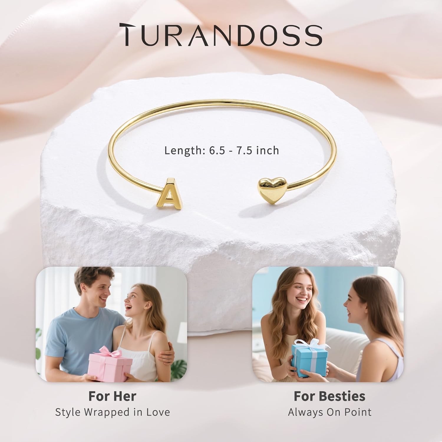 Turandoss Mother Day Gift for Kids Teen Girls - Dainty 14K Gold Plated Letter A-Z Initial Heart Cuff Bangle Bracelets, Gifts for Women Her Mom Daughter Sister Friend Teens Birthday Jewelry Gifts - Image 5