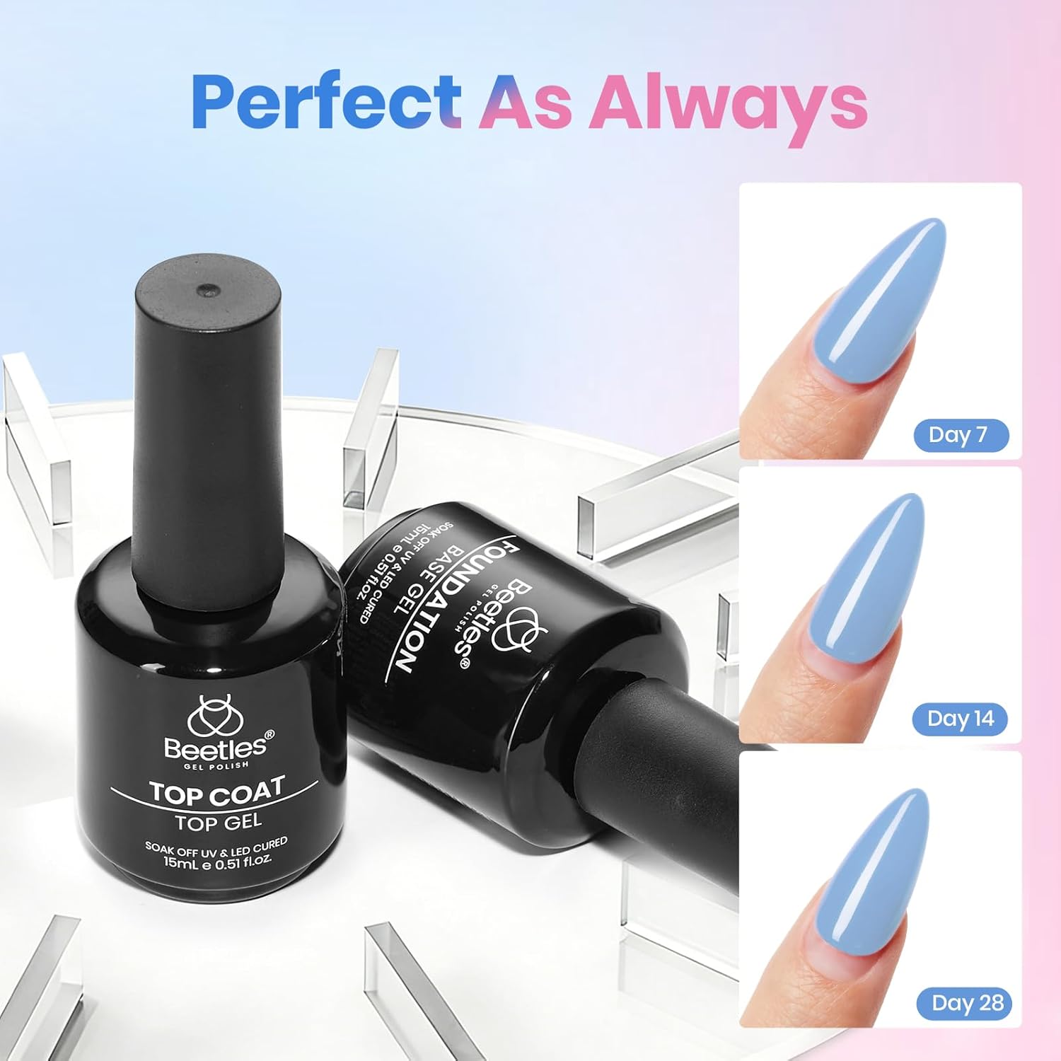 Beetles 2 Pcs 15ml No Wipe Gel Top Coat and Base Coat Set - Shine Finish and Long Lasting Soak Off LED Nail Lamp Gel Base Top Coat Finish Nail Art Design Stay Lock Shine Duo Manicure Gifts for Women - Image 5