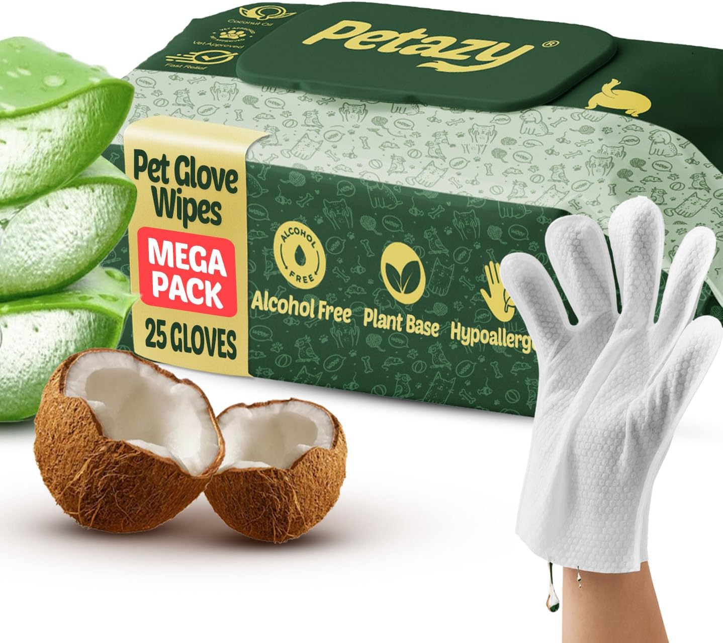 Petazy Pet Glove Wipes for Dogs & Cats – Hypoallergenic Thick Cleaning Gloves with Aloe & Coconut Oil for Paws, Face, Ears & Butt, Instant No Rinse Grooming Wipes to Deodorize and Hydrate, 25 Pack