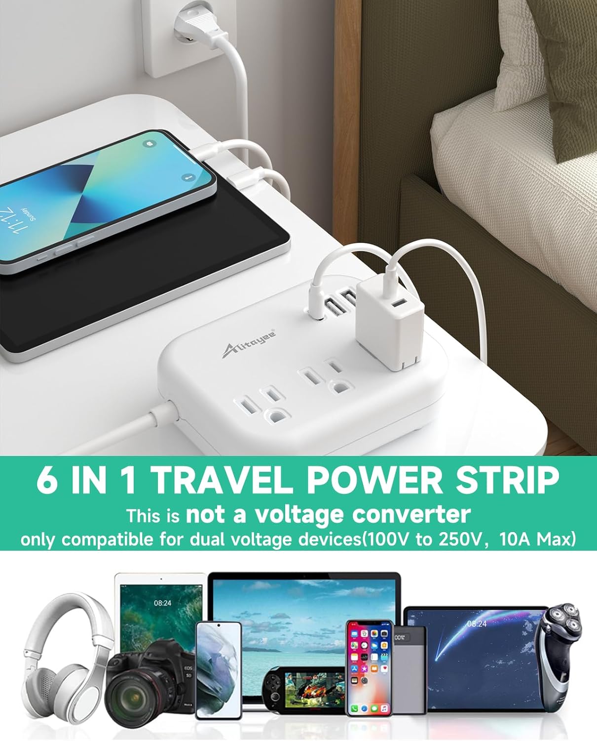 European Travel Plug Adapter, Alitayee EU/UK/US Travel Power Strip with 3 Outlets 3 USB Ports, International Universal Plug Adapter with 3ft Extension Cord to EU UK Italy Spain France Germany Cruise - Image 3