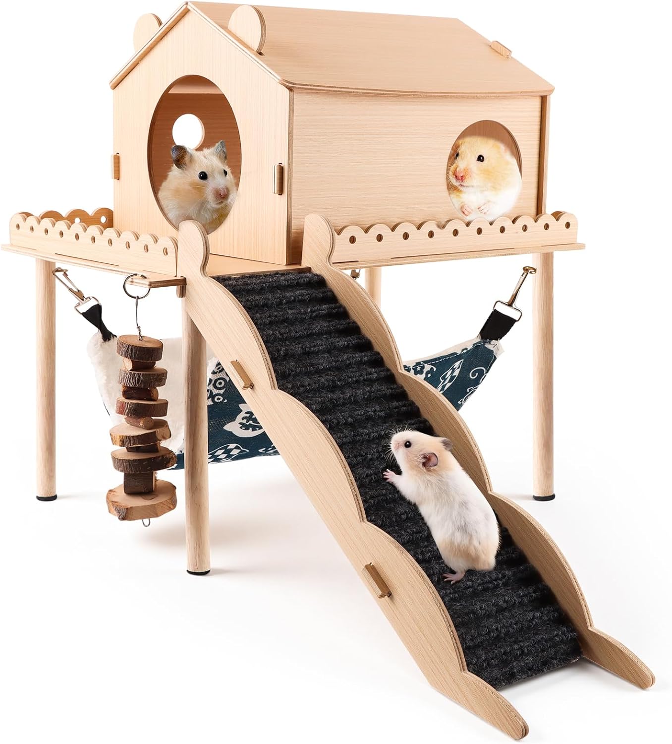 Kalolary Detachable Double-Decker Guinea Pig Hideout, Large Wooden Guinea Pig Castle with Stair, Hammock, Mat for Small Animals Hamster Chinchilla Bunny Ferret Rabbit Hiding Playing Sleeping