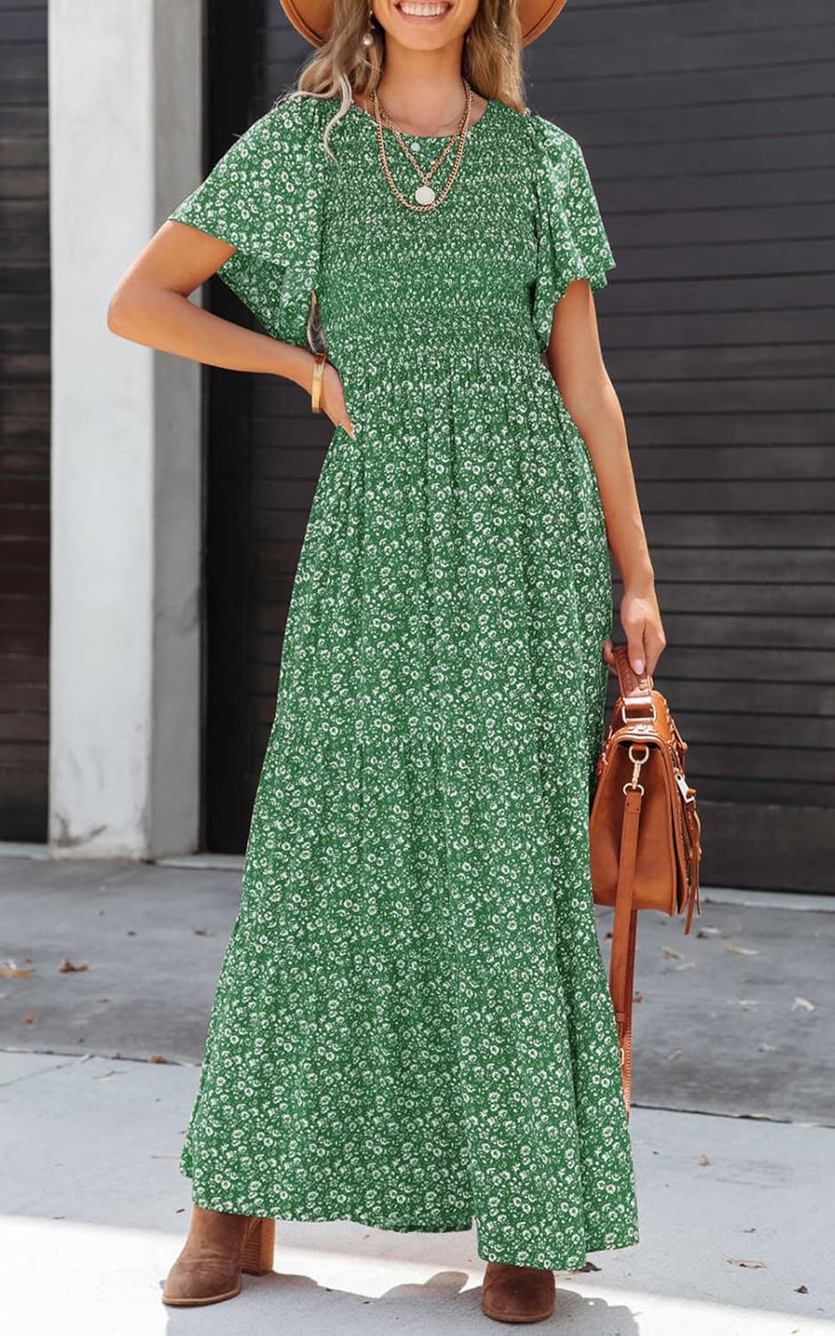 PRETTYGARDEN Women's 2026 Summer Casual Flutter Short Sleeve Boho Floral Maxi Dress Crew Neck Smocked Tiered Long Dresses - Image 3
