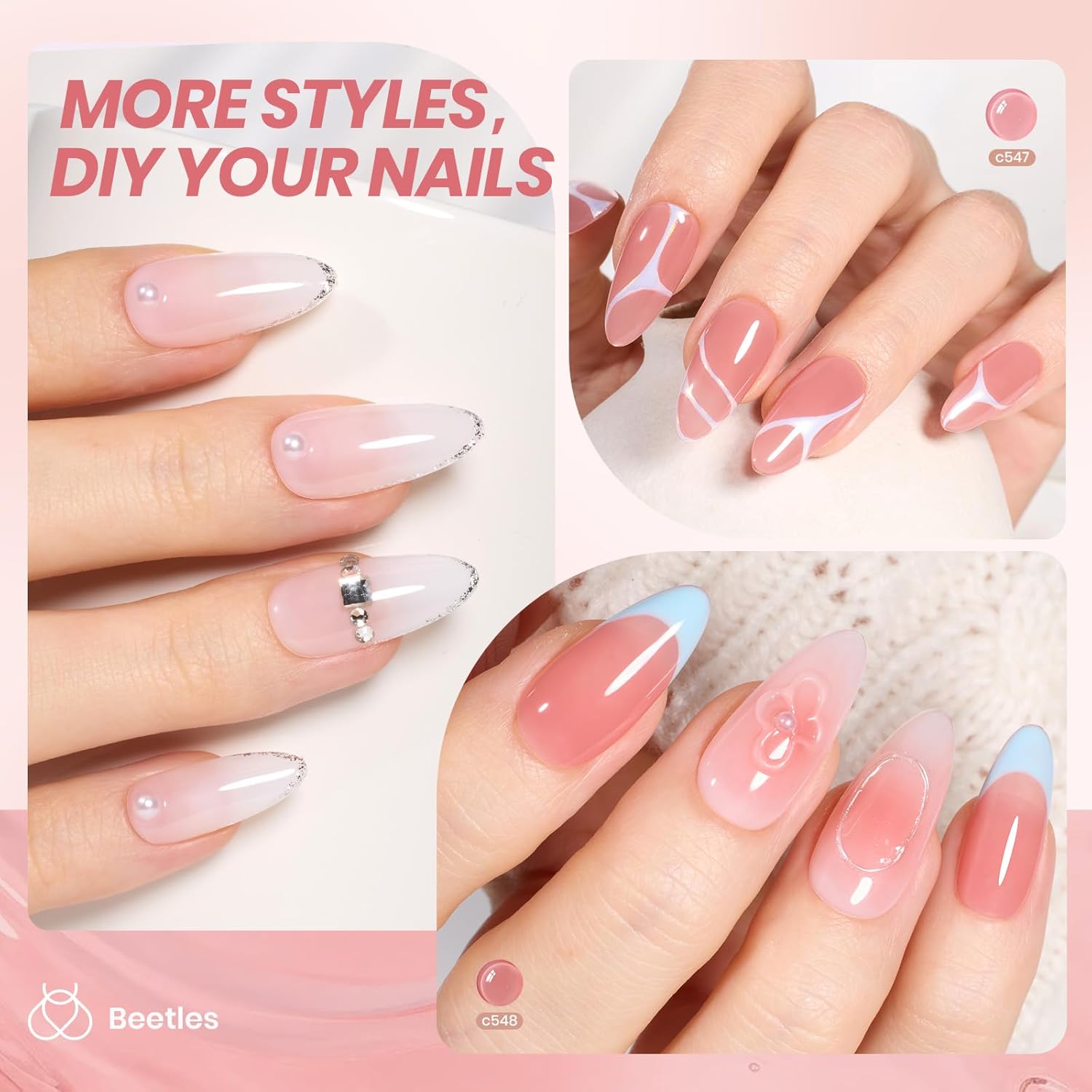 beetles Gel Polish Whispers of Love Jelly Gel Nail Polish Set - 6 Colors Milky White Nude Pink Neutral Sheer Translucent Soak Off UV Gel Nail Kit, Nail Concealer for Salon DIY Manicure Gift for Women - Image 3