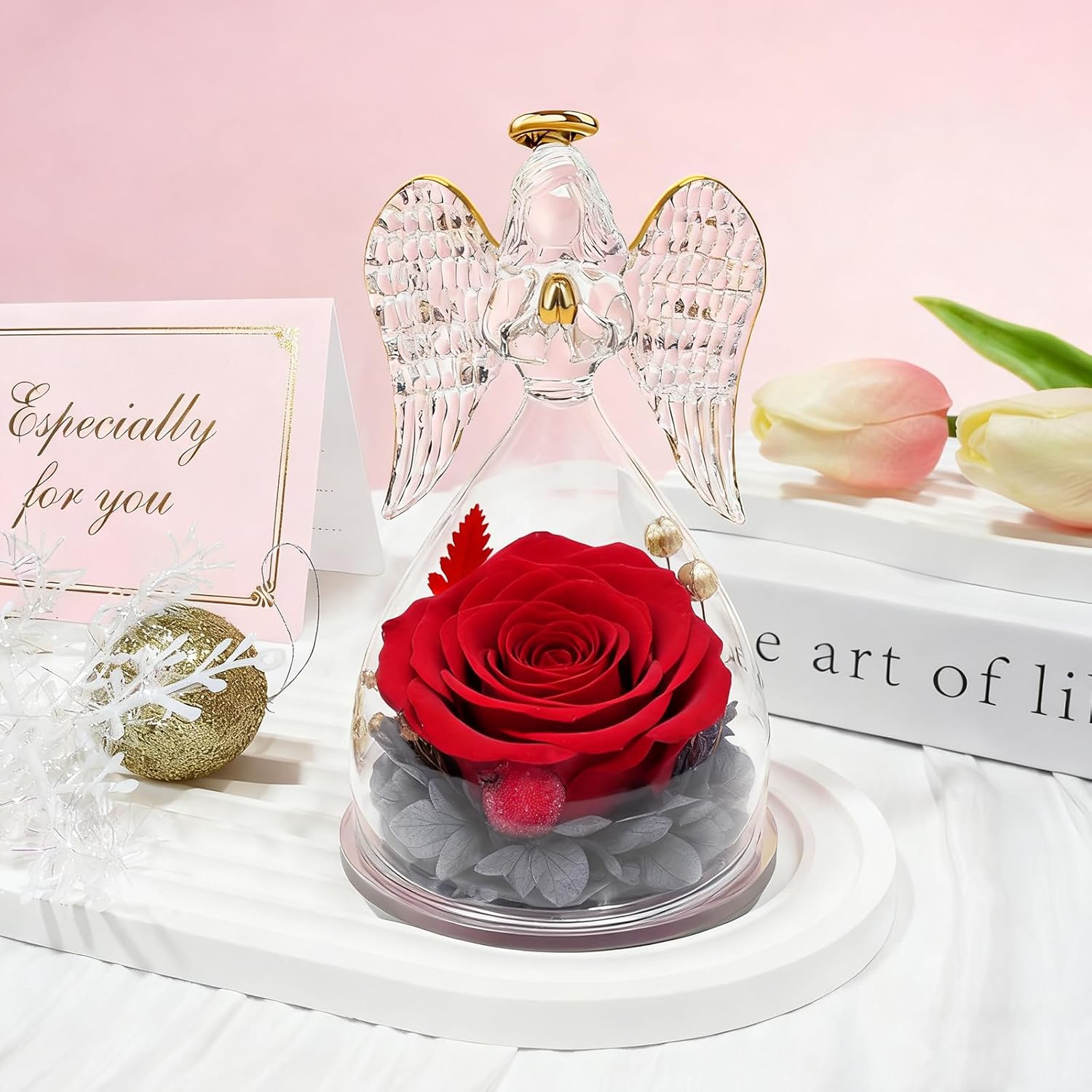Sunia Gifts for Mom Birthday Gifts for Women, Mothers Day Preserved Real Roses in Glass Angel Figurine Forever Flowers for Delivery Prime, Flores Eternas Presents for Grandma Wife Daughter Sister - Image 3