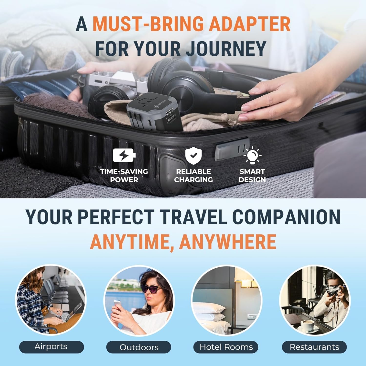 5 in 1 Universal Travel Adapter-10A | International Power Adapter with 2 USB C, 2 USB A Ports | 3.4A & 2400W Fast Portable Charger | Travel Adapter Worldwide Covering 200+ Countries- Black - Image 9