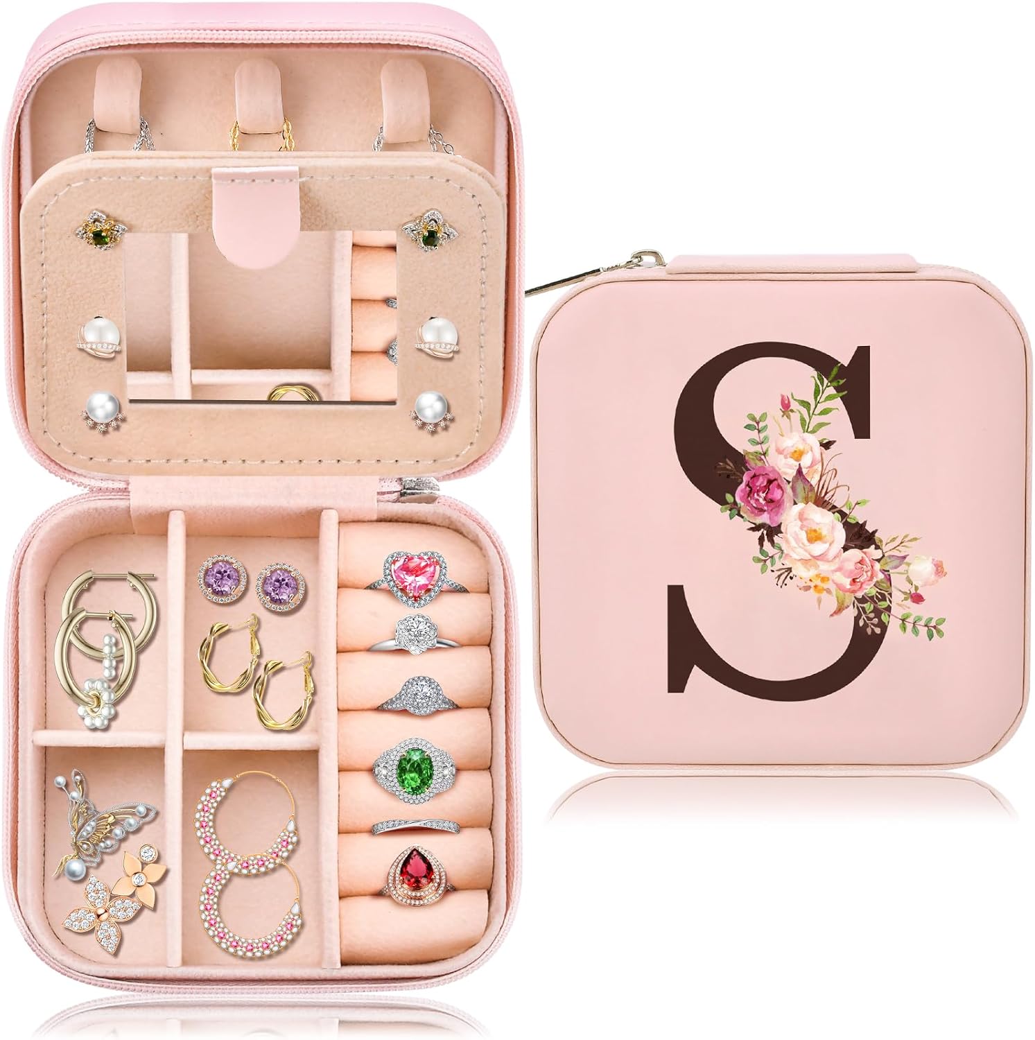Inngeroo Mothers Day Mom Gifts for Wife Daughter Grandma, Travel Jewelry Case Box Organizer, Personalized Gifts for Women Teen Girls Mom Aunt Sister, Bridesmaid Gifts Traveling Essentials, Initial S