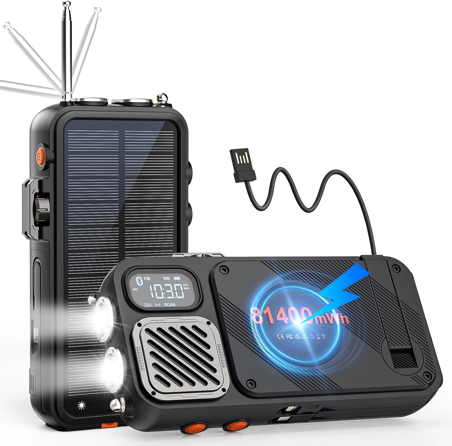 Emergency Radio&22000mAh Solar Power Bank, FM NOAA Weather Radio, Portable Hand Crank Bluetooth Radio, 20W Fast Charge Wireless Phone Charger, SOS Flashlight for Emergency/Home (Orange)