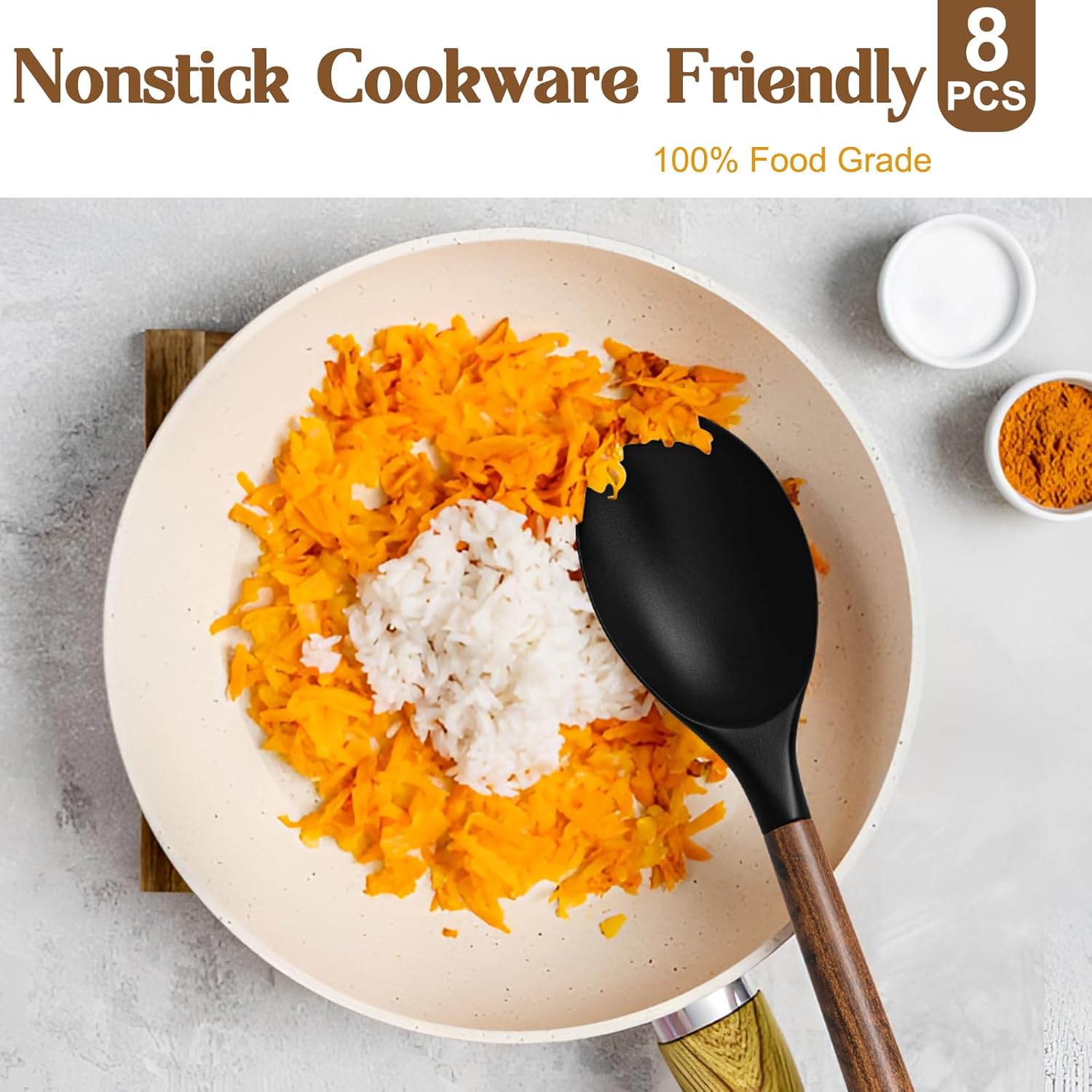 Silicone Cooking Utensil Set, Umite Chef 8-Piece Kitchen Utensils Set with Natural Acacia Wooden Handles,Food-Grade-Silicone Kitchen Gadgets Spatulas Set for Nonstick Cookware- Black - Image 3