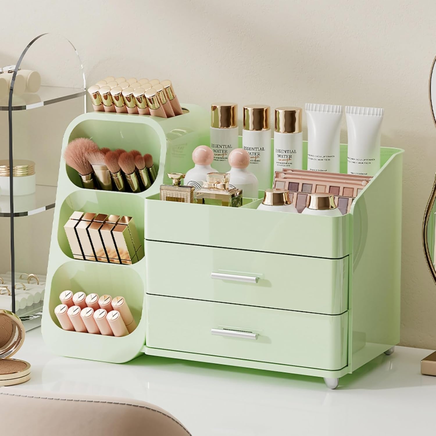 Booklov Makeup Organizer for Vanity, Large Capacity Cosmetic Display Case with Drawers, Countertop Beauty Storage Holder for Skincare, Brush Eyeliner Perfume Eyeshadow Lipsticks, Counter Desk, Green