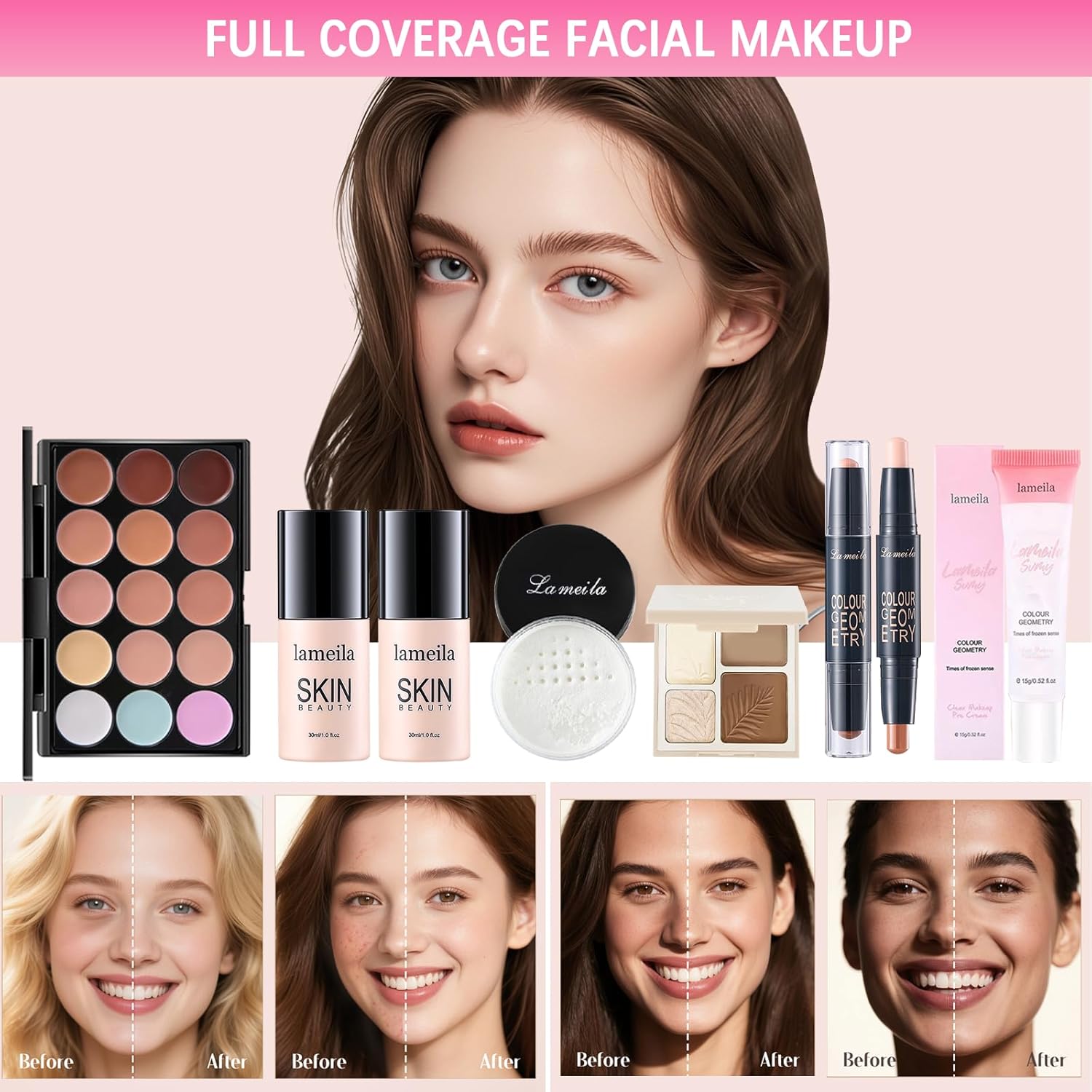 All in One Makeup Kit for Women Full Kit, Makeup Gift Sets for Women Teens Girls, Makeup Essential Bundle Includes Eyeshadow Palette Foundation Eyeliner Contour Stick Lip Gloss Cosmetic Brush Set - Image 4