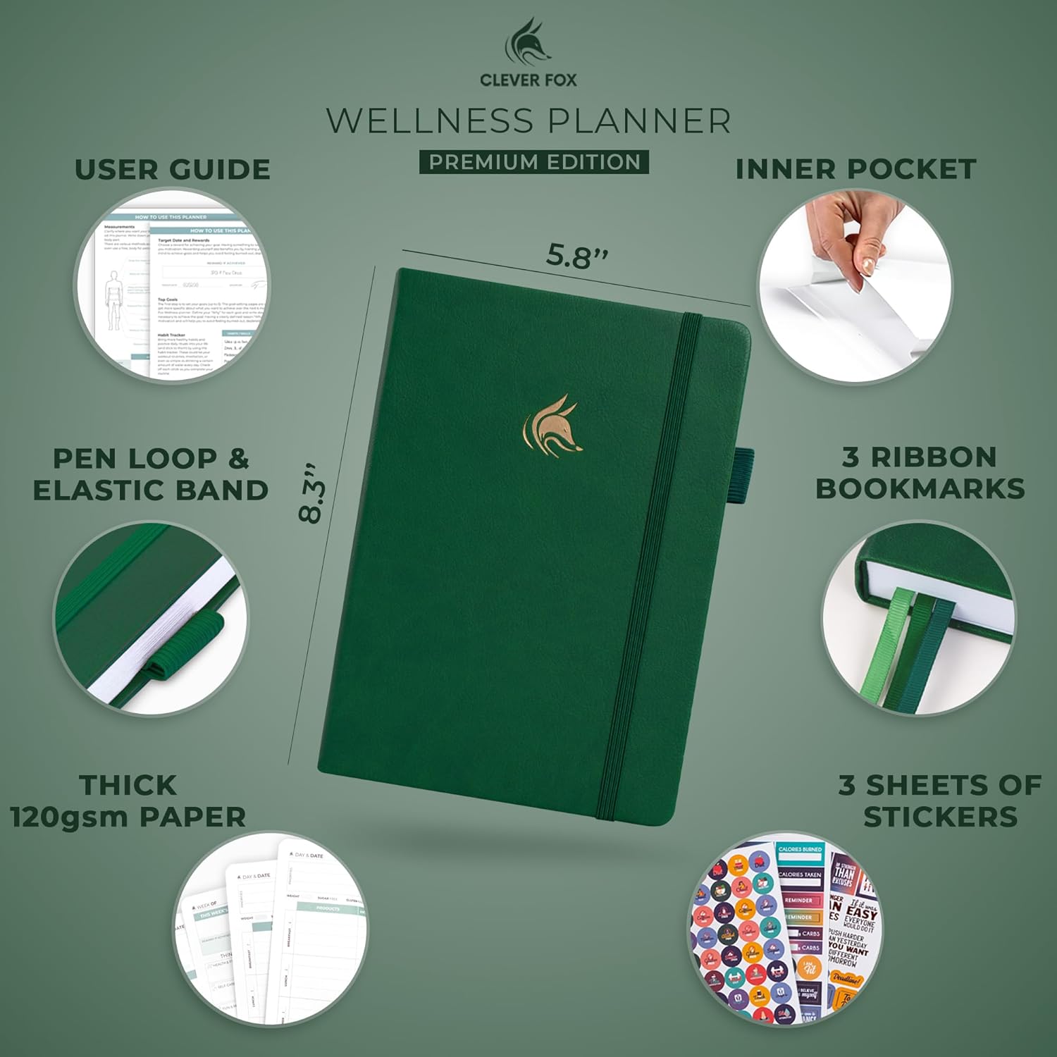 Clever Fox Wellness Planner - Weekly & Daily Health and Wellness Log, Food Journal & Meal Planner Diary for Calorie Counting, Notebook for Medical Condition Tracking, A5-Sized - Forest Green - Image 2