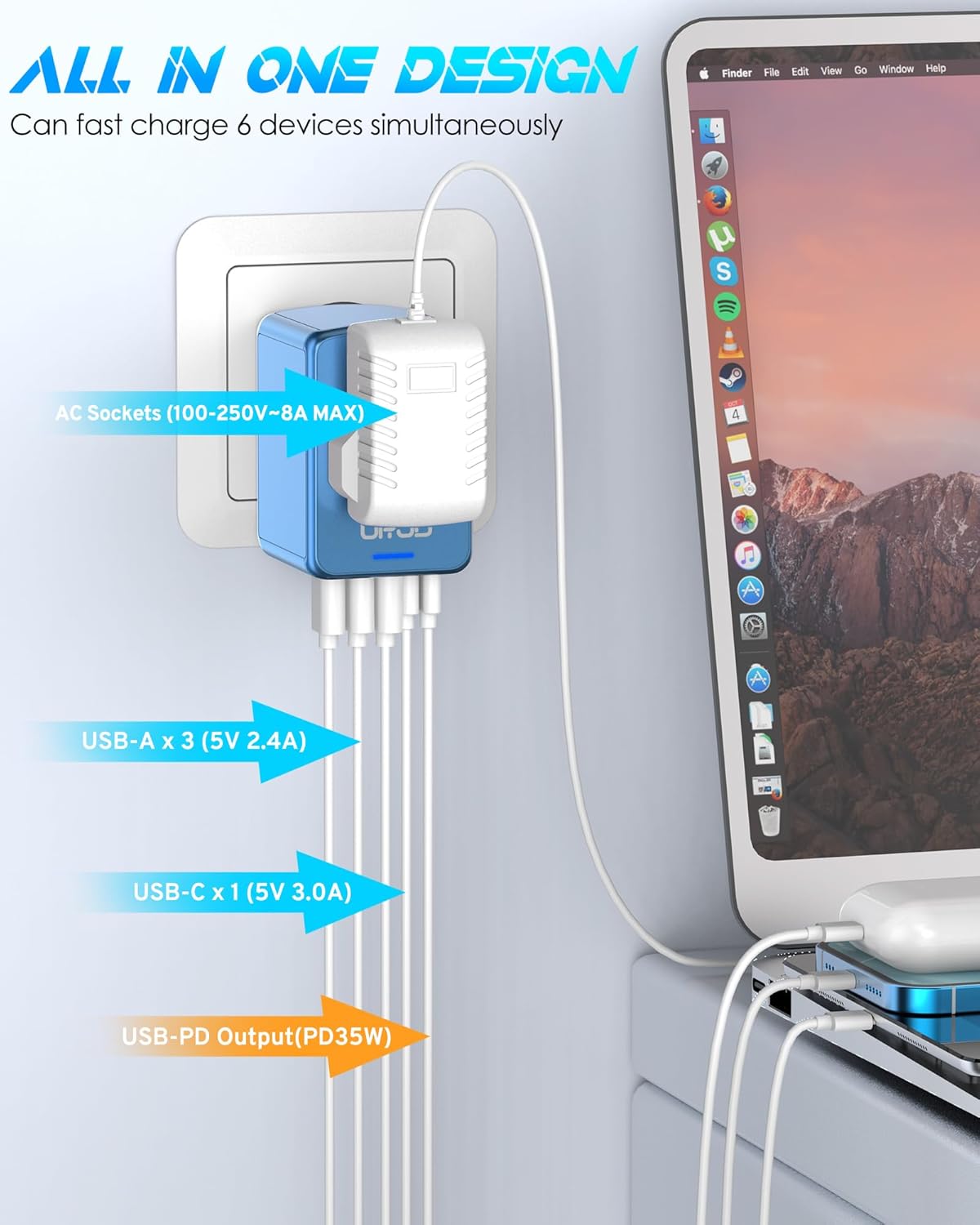 35W USB-C Travel Adapter Fast Charging for Laptop Phone, Universal Power Adapter with 5 Ports +2500W AC Outlet, International Plug Adapter Compatible for MacBook iPhone iPad Travel 200+ Countries - Image 4