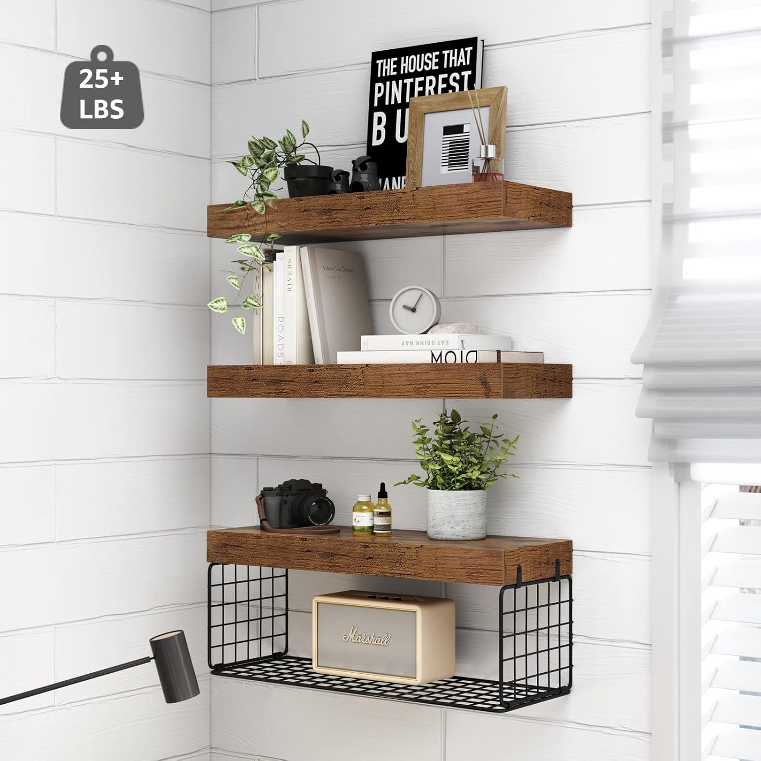 QEEIG Bathroom Shelves Over Toilet - Wall Mounted Floating Shelves Toilet Paper Storage Small Farmhouse Decor Shelf 16 inch Set of 3, Rustic Brown (019-BN3) - Image 4