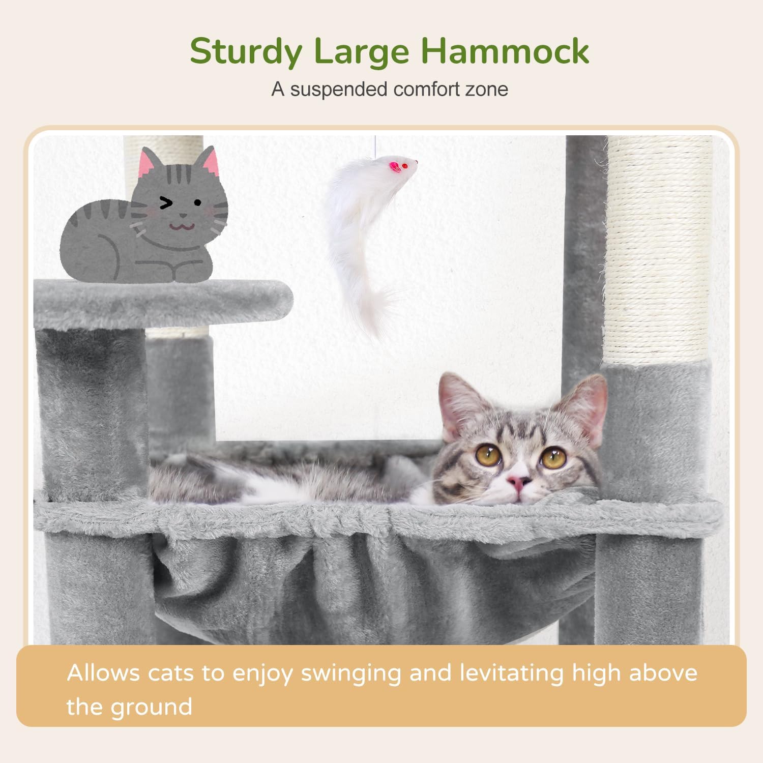 Globlazer Cat Tree Tower with Scratching Post for Indoor Cats, 53inch Tall Plush Multi-Level Cat Climbing Tower Condo House with Large Hammock, Spacious Cat Cave, Padded Top Perch Bed, F53, Light Gray - Image 4
