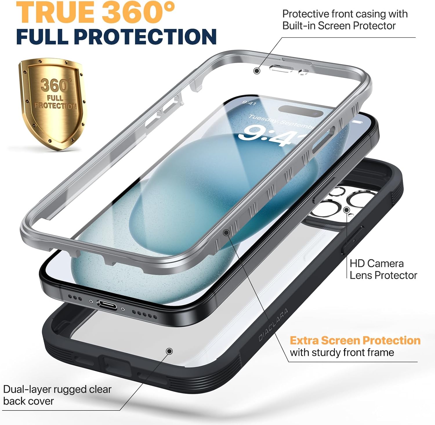 Diaclara Designed for iPhone 15 Case, Full Body Rugged Case with Built-in Touch Sensitive Anti-Scratch Screen Protector, with Camera Lens Protector for iPhone 15 6.1" (Black and Clear) | Full Body - Image 2