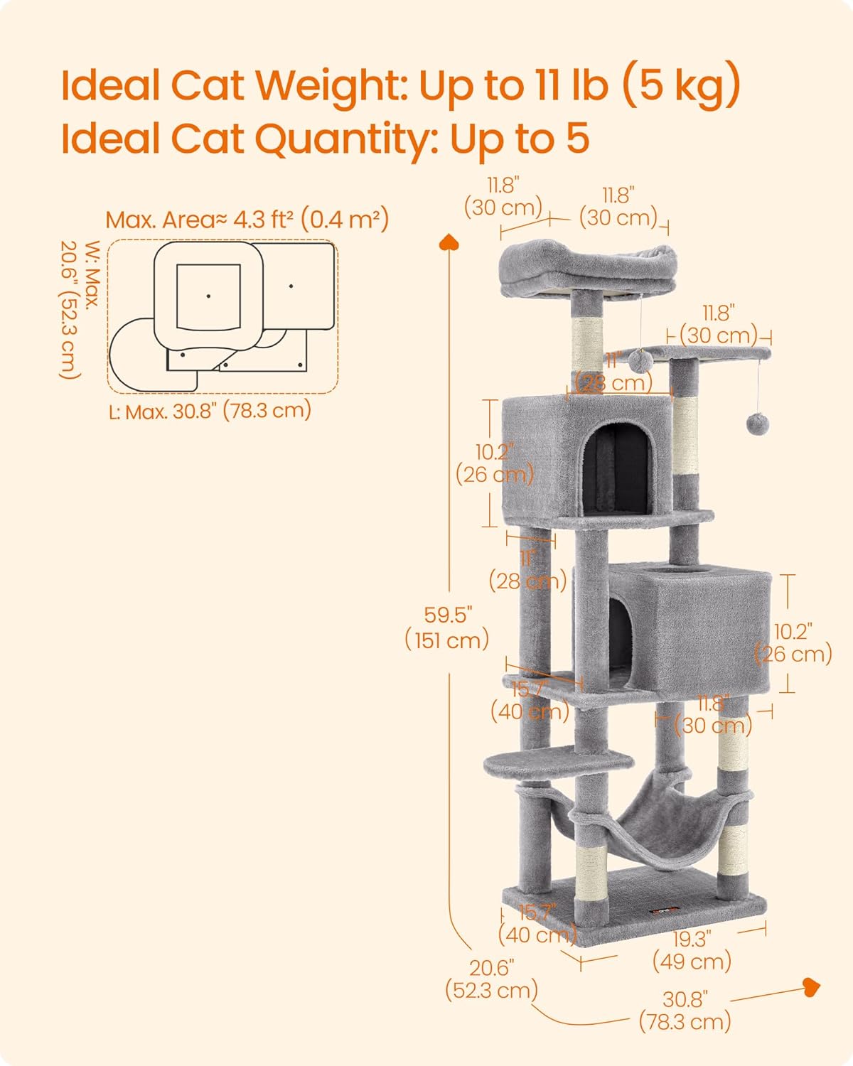 Feandrea Cat Tree, 59.5-Inch Tall Cat Tower, Plush Multi-Level Condo with 5 Scratching Posts, 2 Perches, 2 Caves, Hammock, 2 Pompoms, Light Gray UPCT192W01 - Image 5