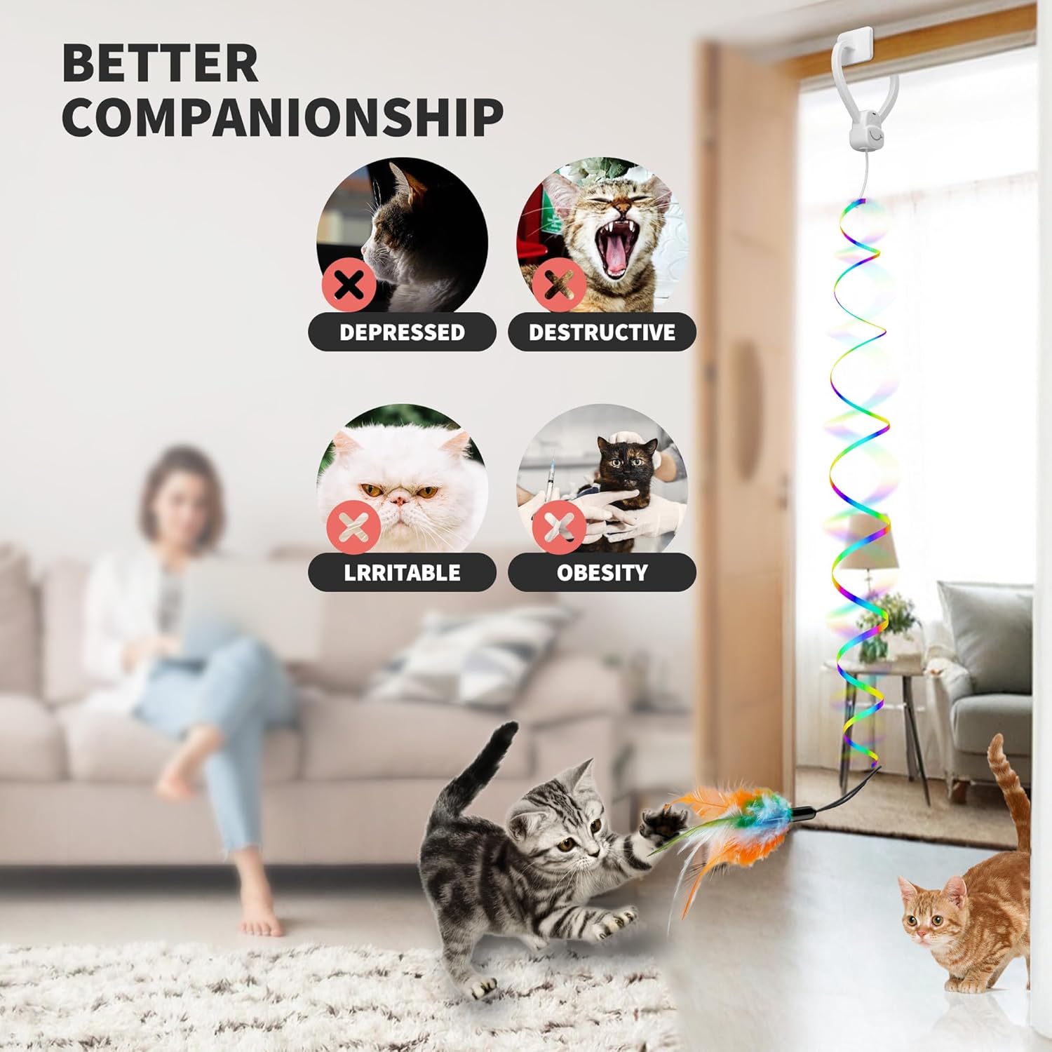 Interactive Cat Toys for Indoor Cats,Automatic Hanging Electric Cat Teaser Door Frame & Doorway,with Feather Mouse String wand Enrichment Chase Toy,Safe Self Play for Bored Multi Cats Households - Image 6