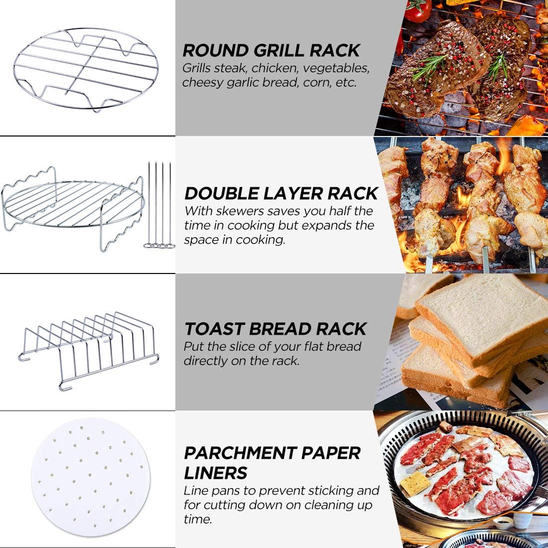 Air Fryer Accessories, Set of 12 Fit for 5.3Qt and Larger Air Fryer with Cake & Pizza Pan, Metal Holder, Skewer Rack & Skewers, etc, Nonstick Coating, Dishwasher Safe - Image 3