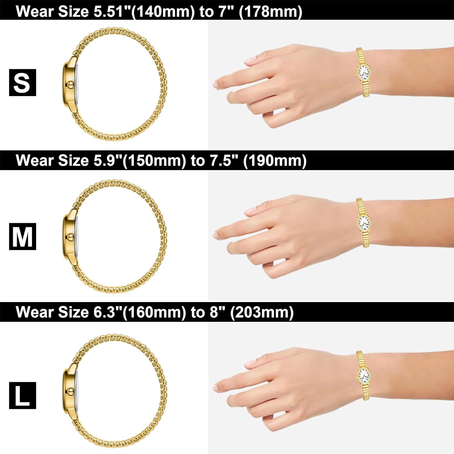 Diaofendi 3 Sizes (S/M/L) Small Gold Watches for Women - Fit 5"-8" Expansion Band, Valentine's Day Gifts for Mom Wife, Easy Read Ladies Quartz Watch, Water Resistant - Image 7