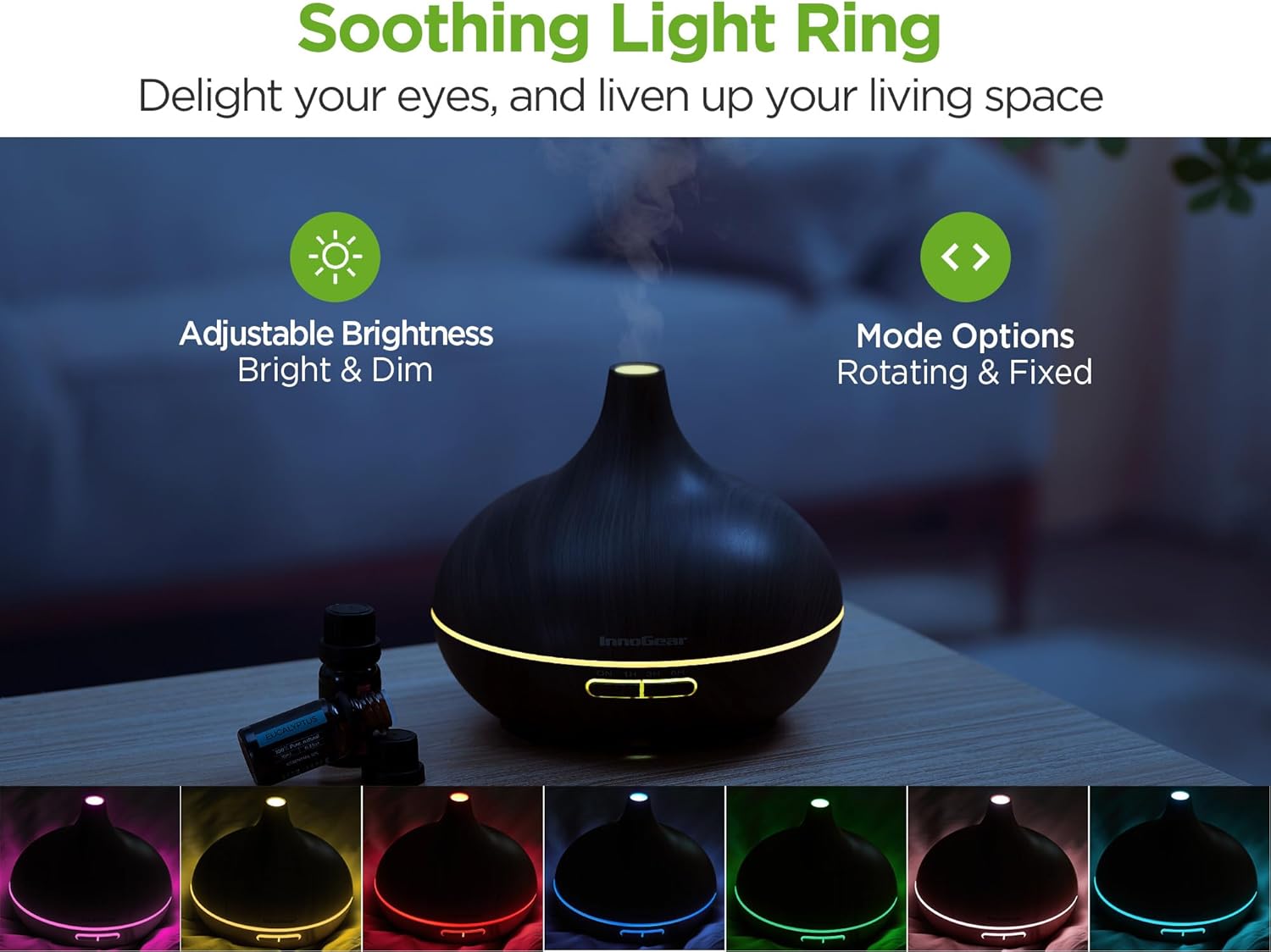 InnoGear Aromatherapy Diffuser & 10 Essential Oils Set, 400ml Diffuser Ultrasonic Diffuser Cool Mist Humidifier with 4 Timers 7 Colors Light Waterless Auto Off for Valentine's Gift, Dark Wood Grain - Image 4