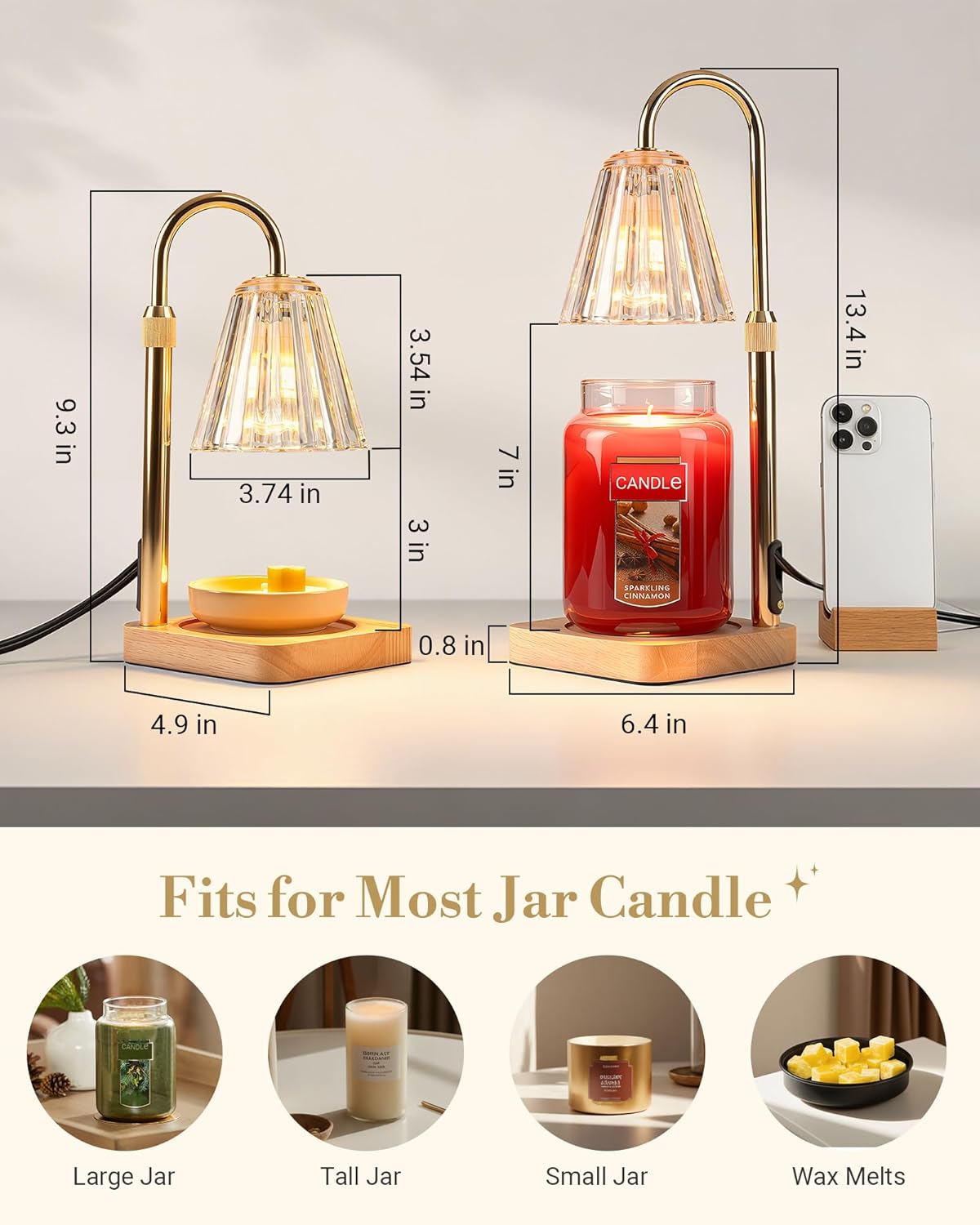 Marycele Candle Warmer Lamp with Timer & Dimmer - Mothers Day Gifts for Women Mom Her, Aesthetic Office Home Decor, Adjustable Height Wax Melter for Candle Jar & 3-Wick Candles (2 Bulbs Included) - Image 4