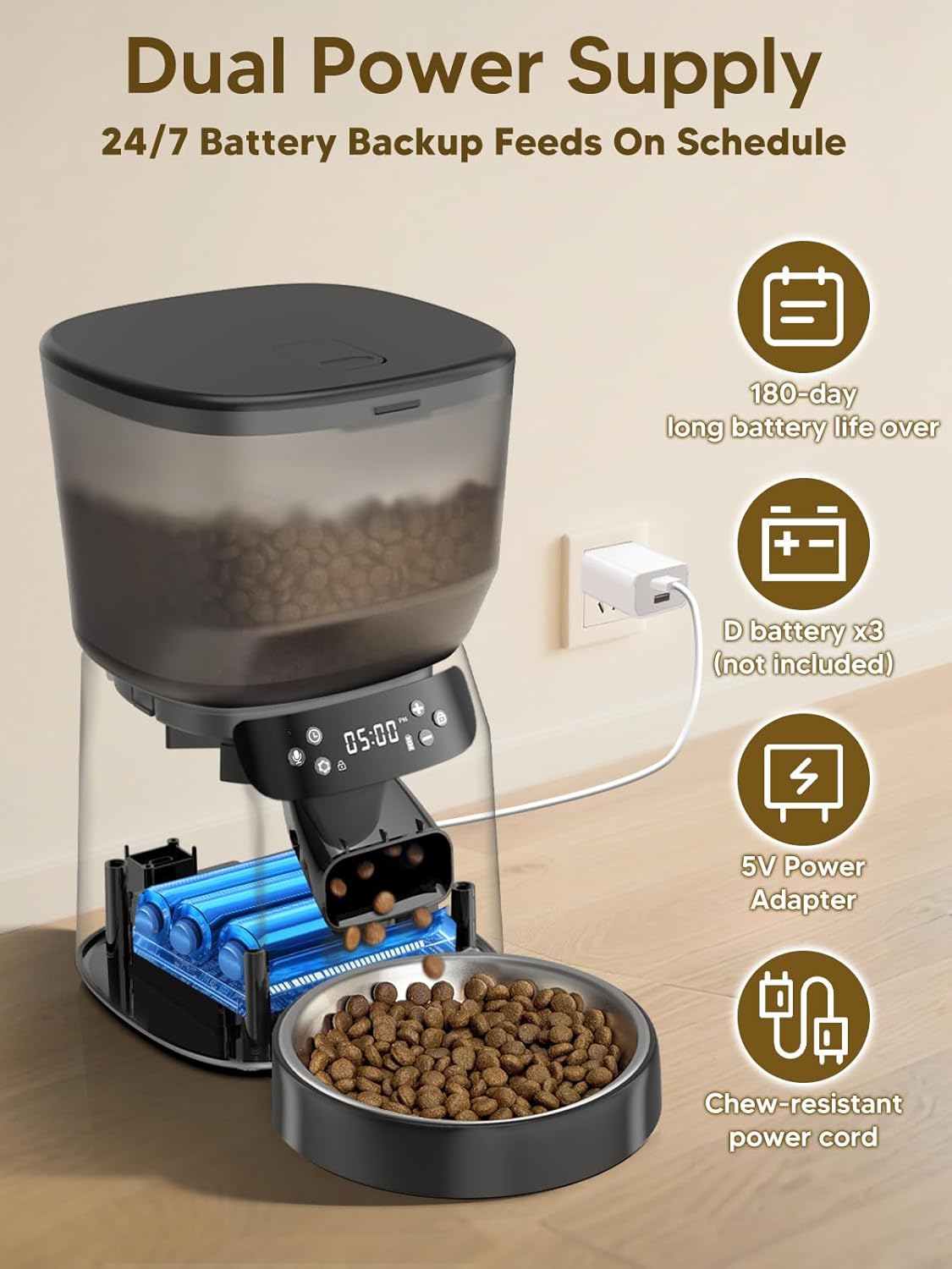 Automatic Cat Feeder and Water Fountain, 4L/16 Cups Timed Cat Dry Food Dispenser, 10s Meal Call, 20 Portions 6 Meals Per Day, 2L Cats Fountains for Drinking with Filter, Pet Feeder for Dog Black - Image 2