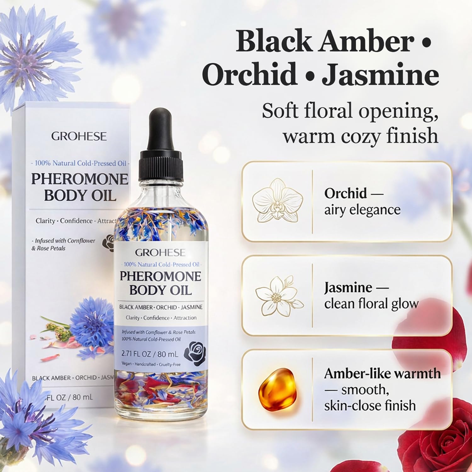 Pheromone Body Oil for Women, Body Oils for Women Scented with Black Amber Orchid & Jasmine Scent, Lightweight Moisturizing Body & Massage Oil, 2.71 fl oz (80 mL) - Image 4