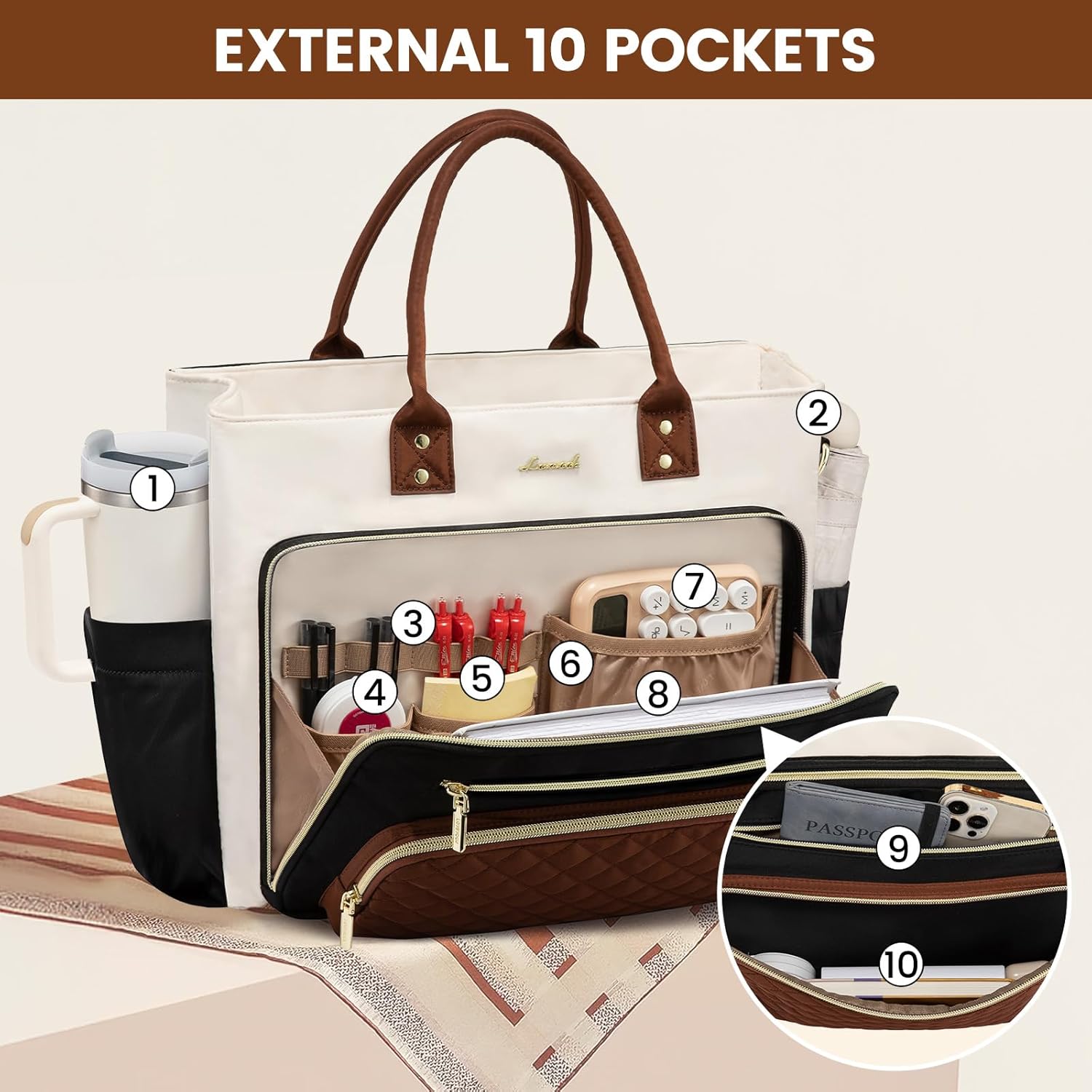 LOVEVOOK Teacher Tote Bag for Women Work, Laptop Bag With Large Cup Holder, Nurse Bags Professional Briefcase Business Computer Purses Bible Handbag Gifts, Black-Beige-Brown, 15.6 Inch - Image 4