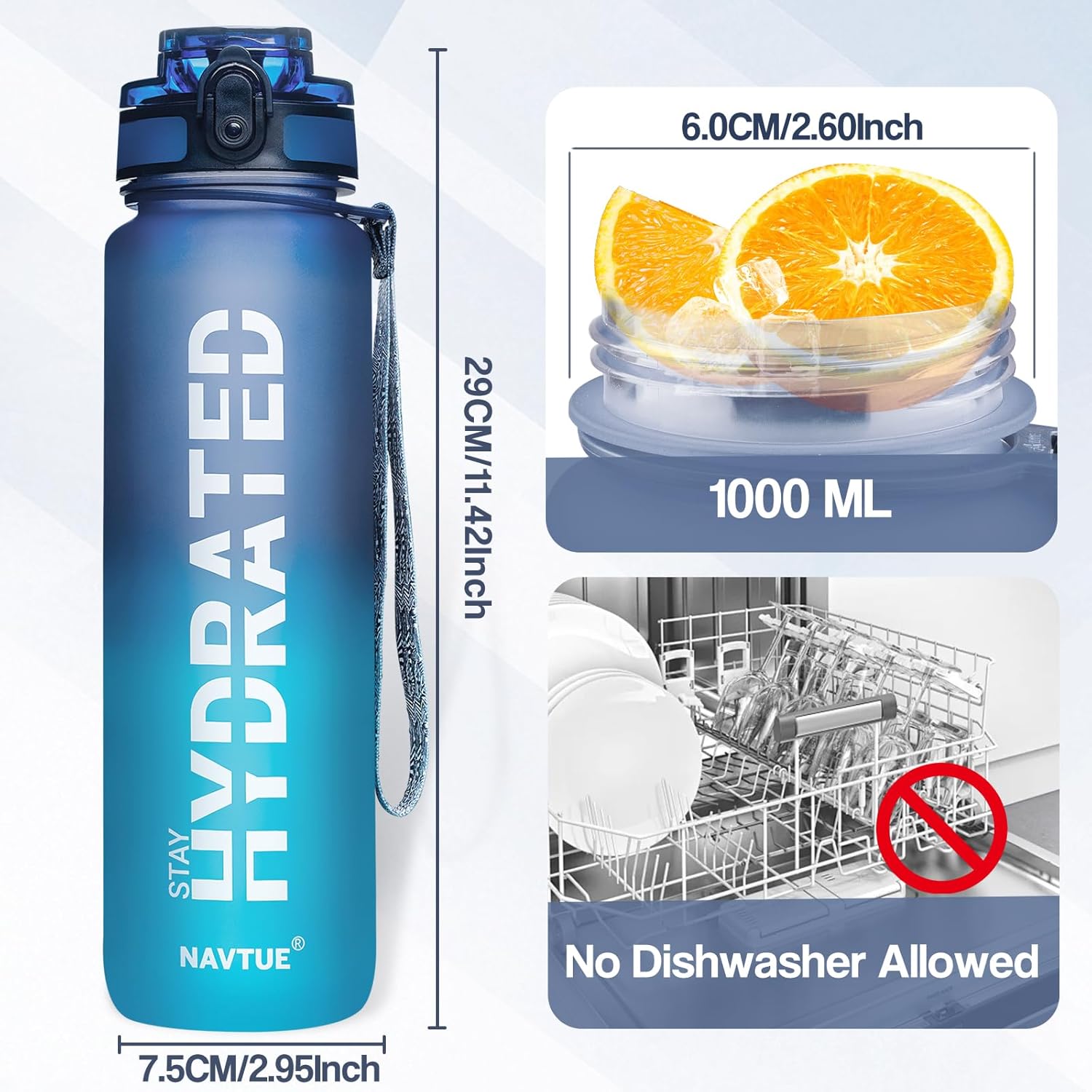 Water Bottle, 32oz Sports Water Bottles with Time Marker Wide Mouth, Motivational and Leakproof Drink Bottle, BPA Free Tritan with Carry Strap for Gym Fitness Outdoor (1 Bottle) - Image 4