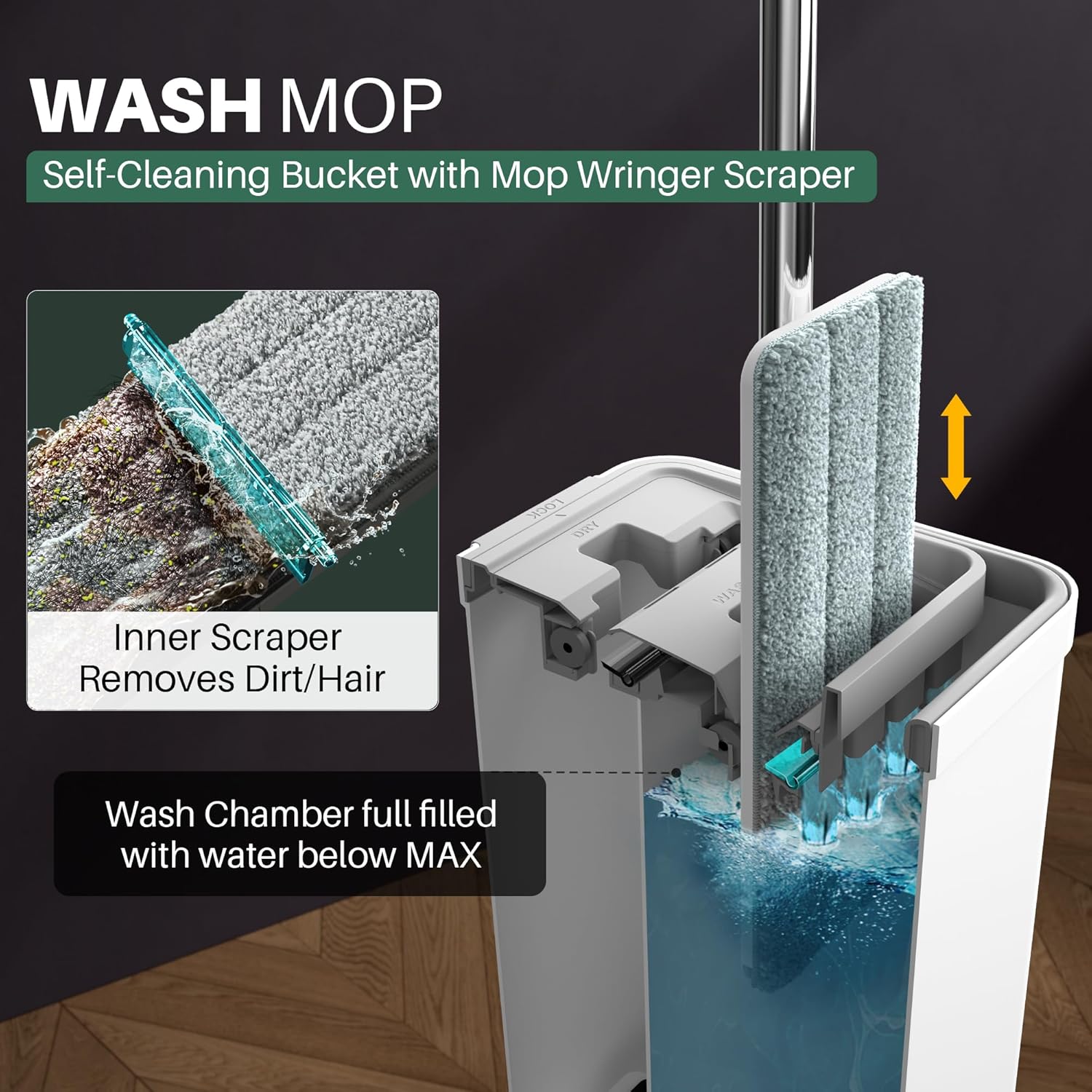 JOYMOOP Mop and Bucket Set with Wringer, Flat Mops for Floor Cleaning, Wall Mop Cleaner with Long Handle, Hardwood Floor Mop with 4 Microfiber Pads - Image 2