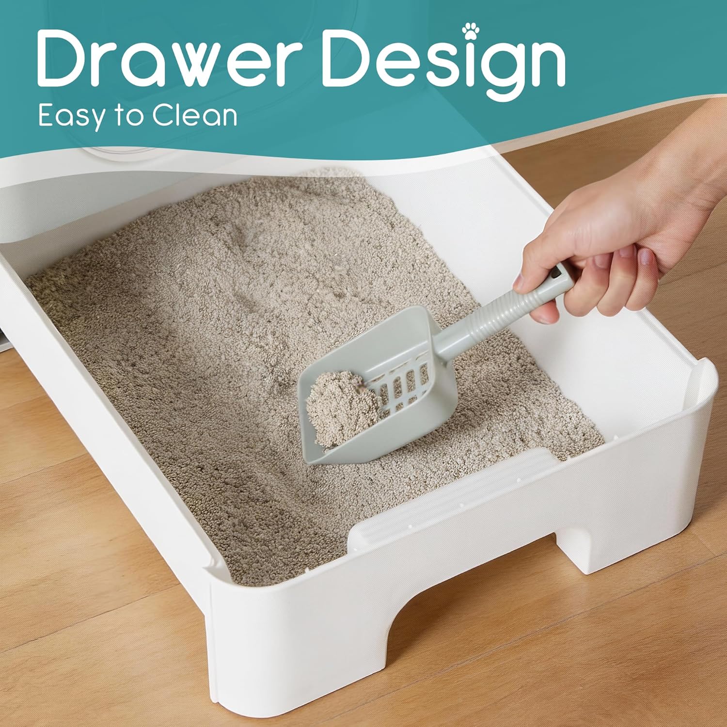 OLIXIS Cat Litter Box with Lid, Large Foldable Cat Box with Litter Scoop, Front Entry Top Exit Kitty Litter Box with Door, Easy Cleaning Drawer Design Odor Control, Grey - Image 4
