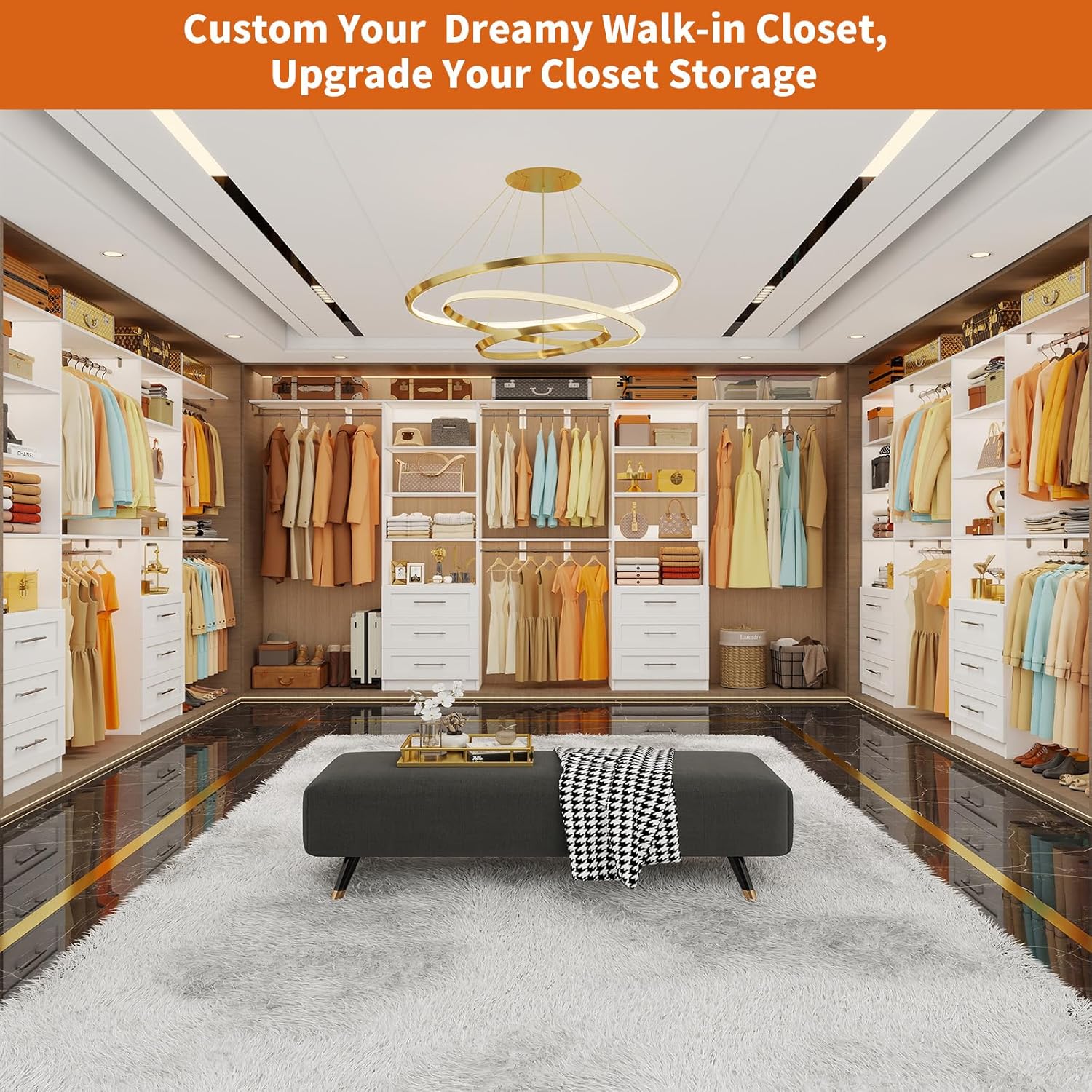 Closet System with 6 Drawers, 6-13FT Custom Closet Organizer System with 6 Hanging Rods &Adjustable Shelves , Wood Closet System Kit for Walk in Closets, Modular Closet Organizer System, 2 Sets,White, - Image 6