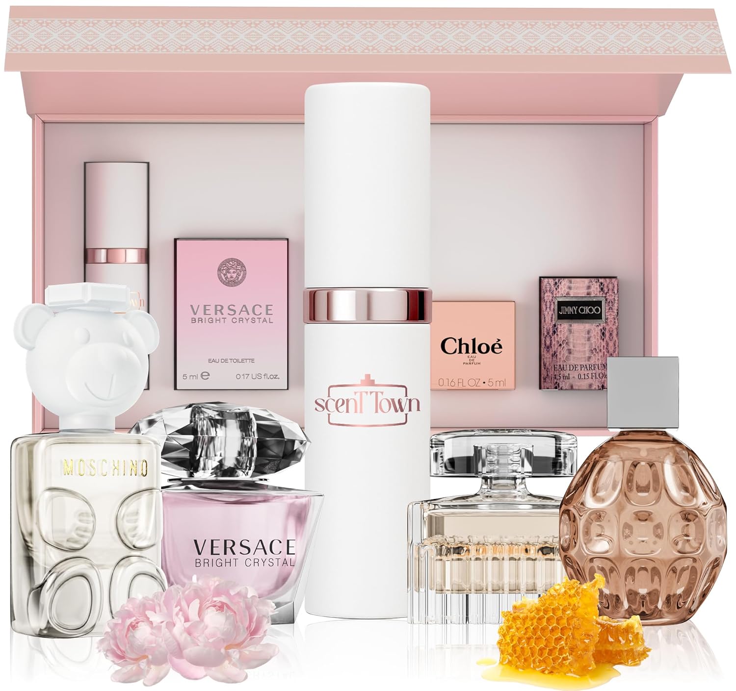 Scentown Mini Perfumes for Women (Set of 5) – Designer Perfume Samples for Women Packed in an Elegant Gift Box – Includes Moschino, Jimmy Choo, Chloé, Versace & Empty Refillable Perfume Atomizer - Image 2