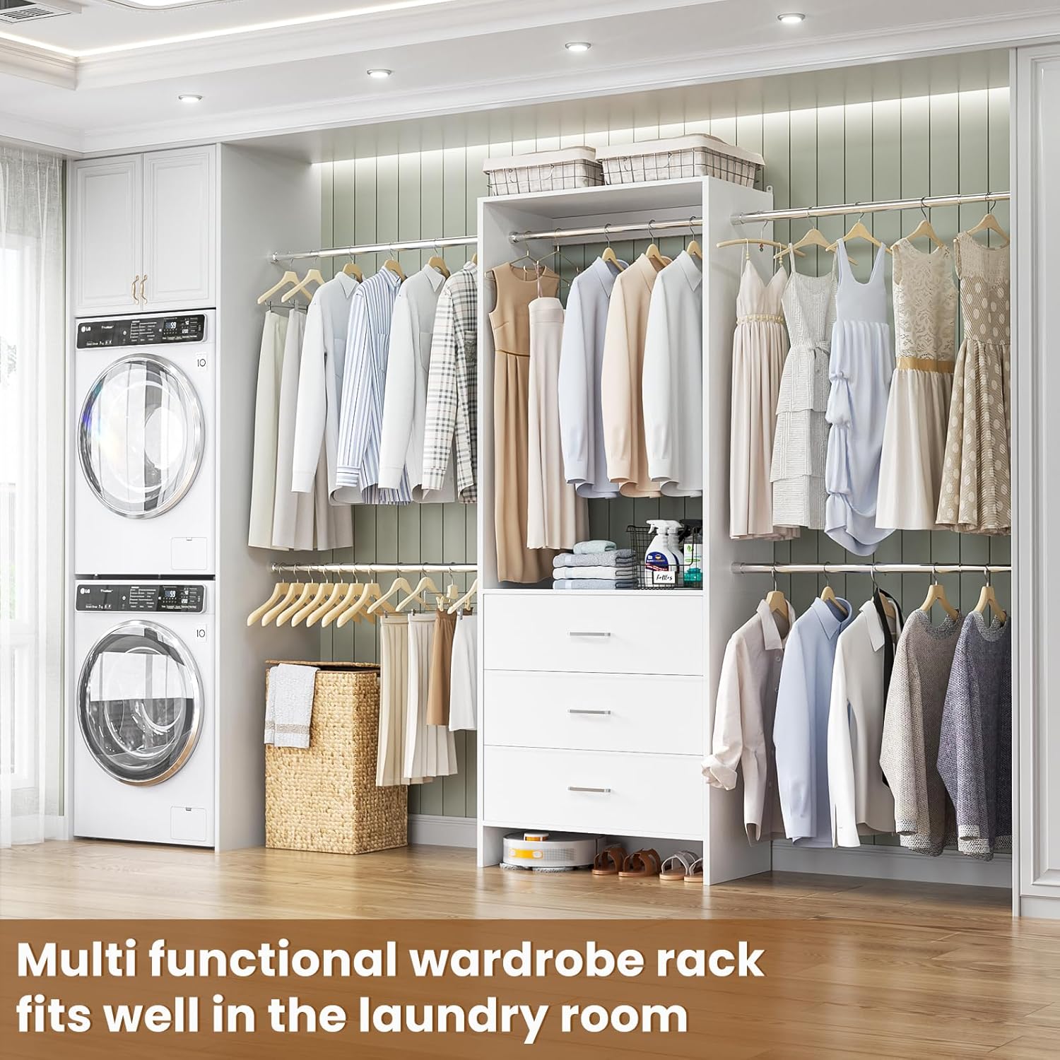 Aheaplus Closet System, Closet Organizer with 3 Wooden Drawers, Closet Organizer System, Walk-in Closet Wardrobe Clothes Rack with 4 Hanging Rods, Garment Rack, -4R, White - Image 6