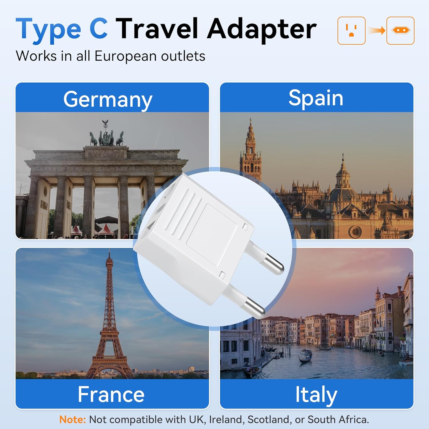 4 Pack European Travel Plug Adapter, Unidapt US to Europe Plug Adapter, European Adapter Type C Pin Adaptor, Outlet Converter America USA to Europe Italy Spain Germany France EU, Power Plug, White - Image 4