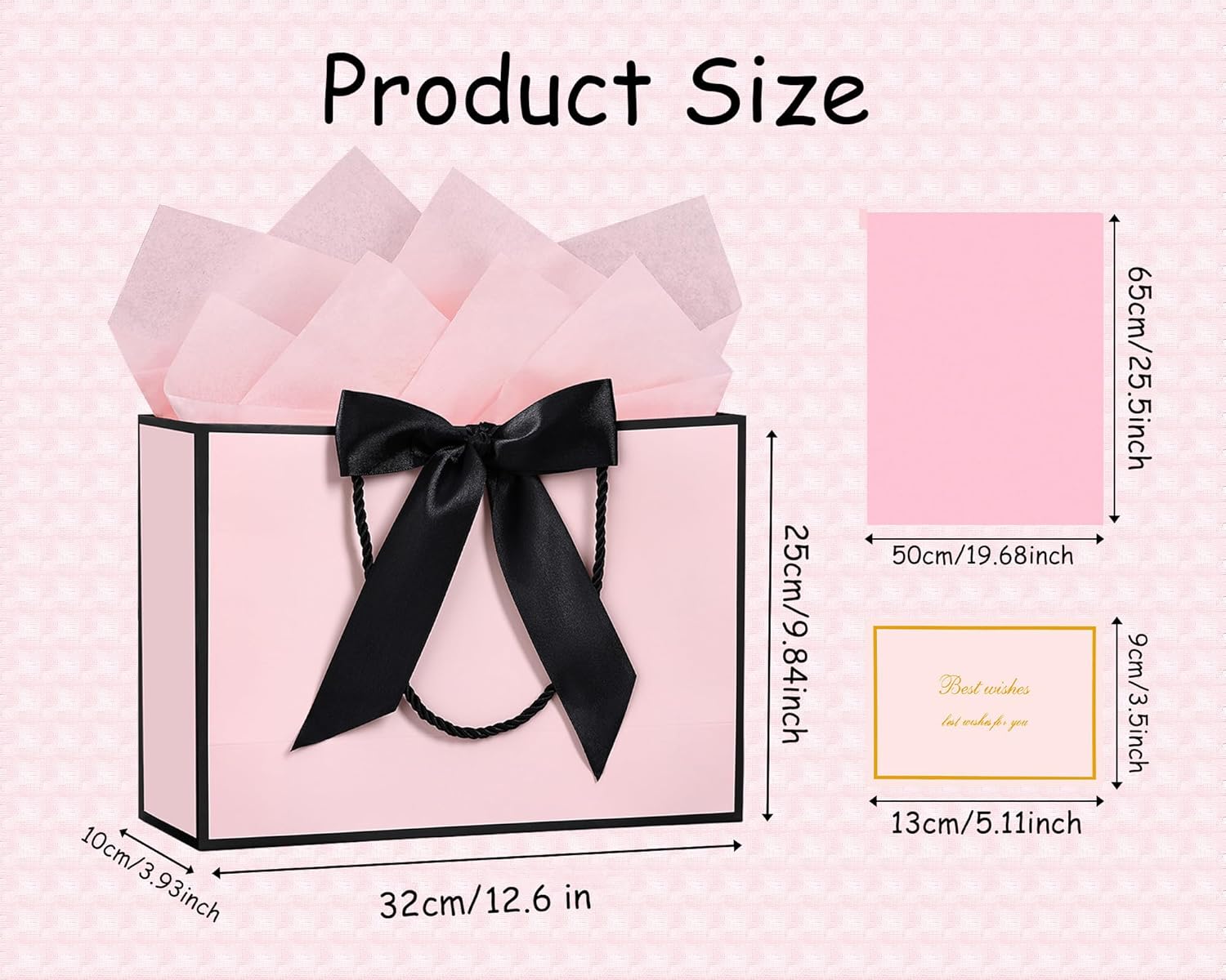 JMANNI Gift Bags with Handles, 1Pcs Paper Gift Bag with 2 Tissue Paper and 1 Greeting Cards, Present Bags for Women Mother's day Birthday Valentines Wedding Party Baby Shower (Black-Pink) - Image 4
