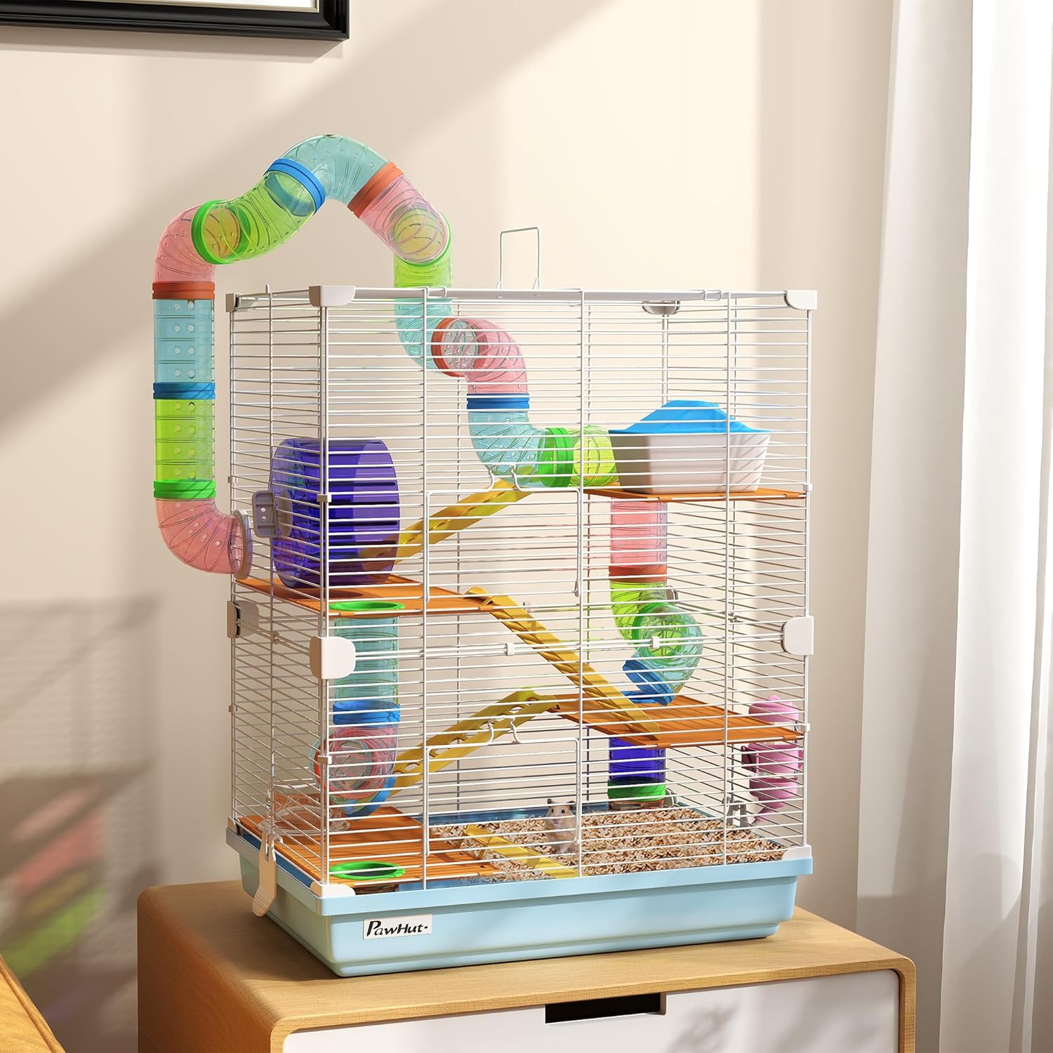 PawHut 18" 5 Tier Hamster Cage with Tubes and Tunnels, Small Animal Cage with Portable Carry Handle, Gerbil Cage with Water Bottle, Food Dish, Exercise Wheel, Light Blue - Image 2