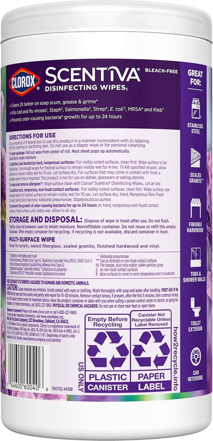 Clorox Scentiva Disinfecting Wipes, Lavender and Jasmine, Antibacterial, 75 Count - Image 12