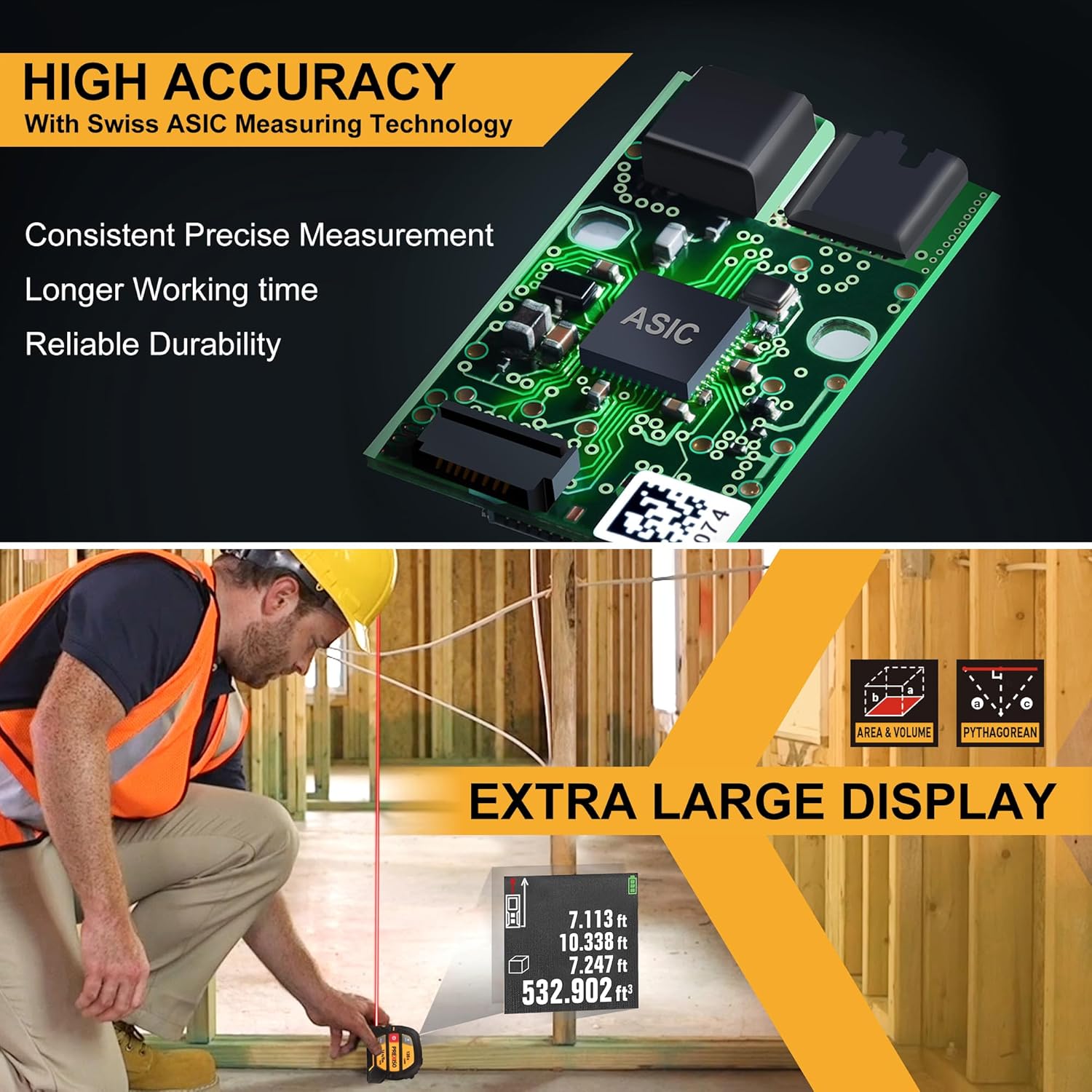 PREXISO 2-in-1 Laser Tape Measure, 135Ft Rechargeable Measurement Tool & 16Ft Measuring Movable Magnetic Hook - Pythagorean, Area, Volume, Ft/Ft+in/in/M Unit NOT Digital - Image 3