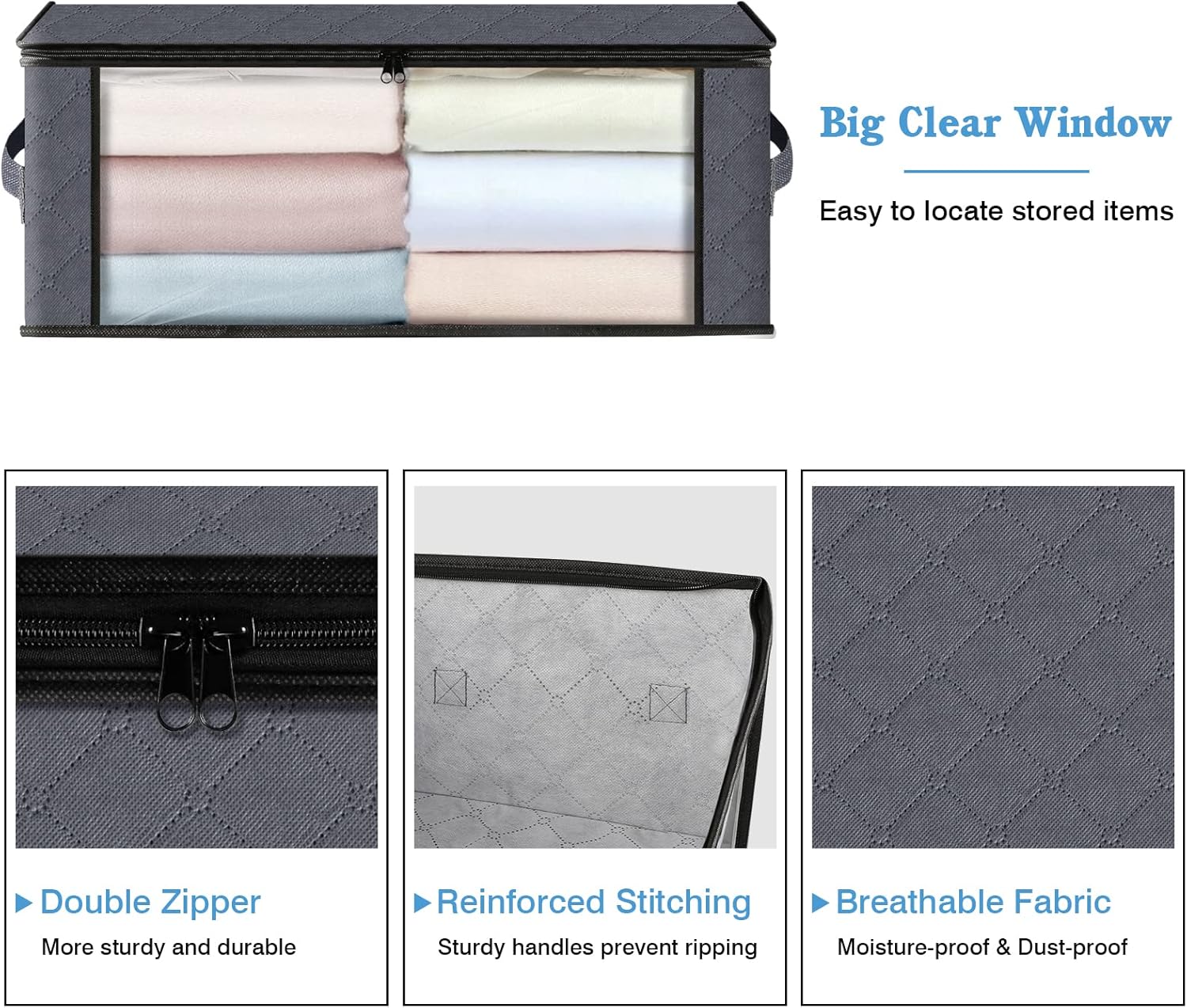 HomeHacks Storage 3-Pack Clothes Organizer Storage Bags Foldable Storage Box with Large Clear Window Sturdy Handles for Closet, Dorm, Pillows, Bedding, Clothes, Blankets, 35L, Gray - Image 3