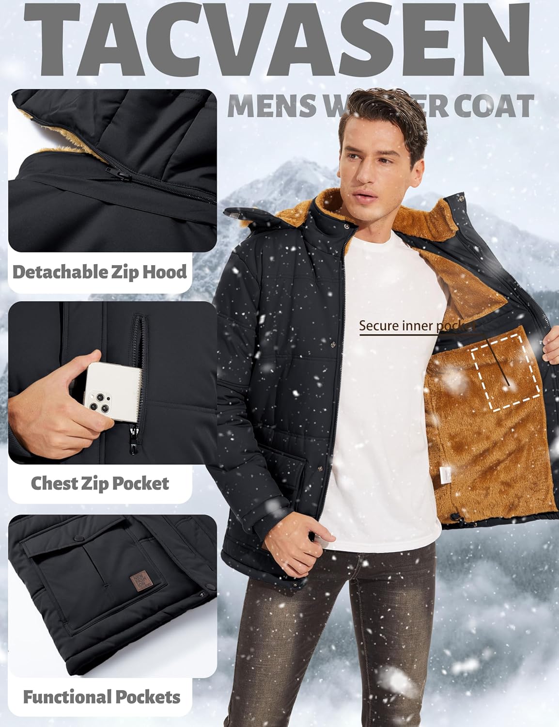 TACVASEN Men's Winter Jacket with Hood Water Repellent Windproof Thicken Parka Winter Coat - Image 6