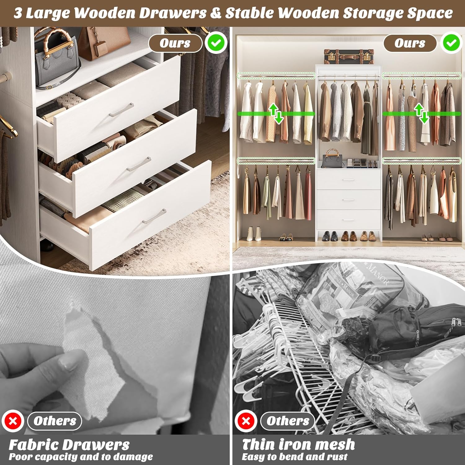 Aheaplus Closet System, Closet Organizer with 3 Wooden Drawers, Closet Organizer System, Walk-in Closet Wardrobe Clothes Rack with 4 Hanging Rods, Garment Rack, -4R, White - Image 4