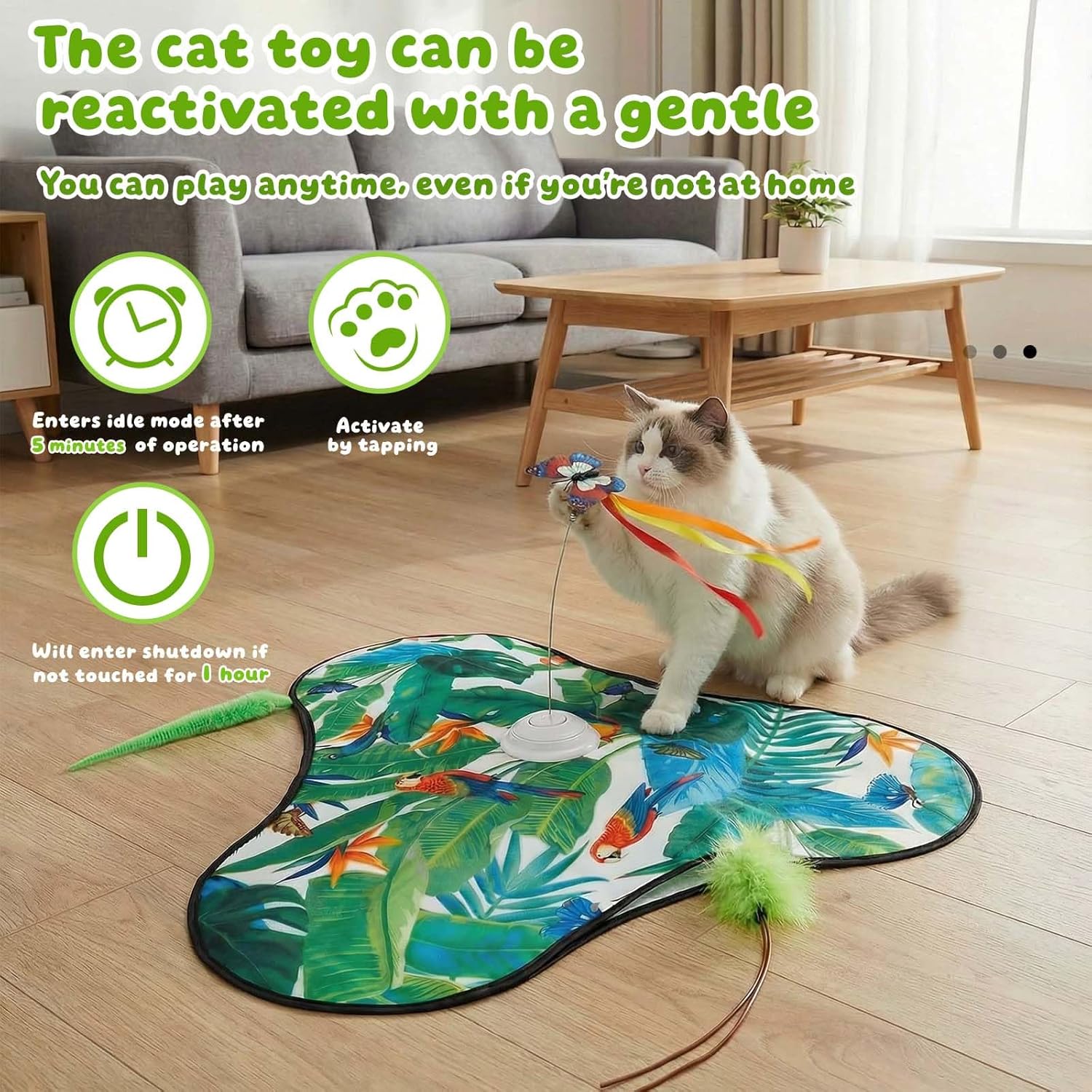 Interactive Cat Toys Rechargeable,Moving Concealed Feathers,Real Mouse Squeaky,Touch Activated Cat Kitten Toy Exercise Toys for Indoor Bored Adult Cats (Green) - Image 5