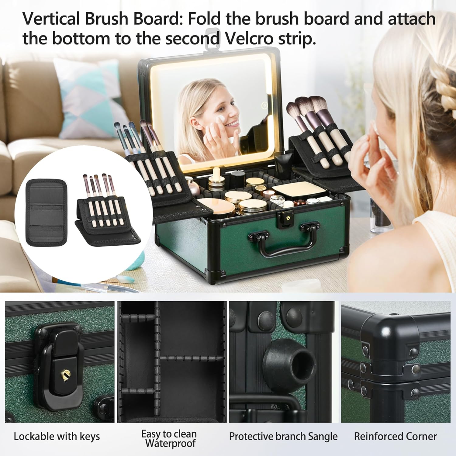 Makeup Case with Lighted Mirror, Makeup Box Organizer with Detachable LED Mirror, Travel Makeup Train Case, Waterproof Cosmetic Organizer, Standing Makeup Brush Holder, Gift, Black Green - Image 7